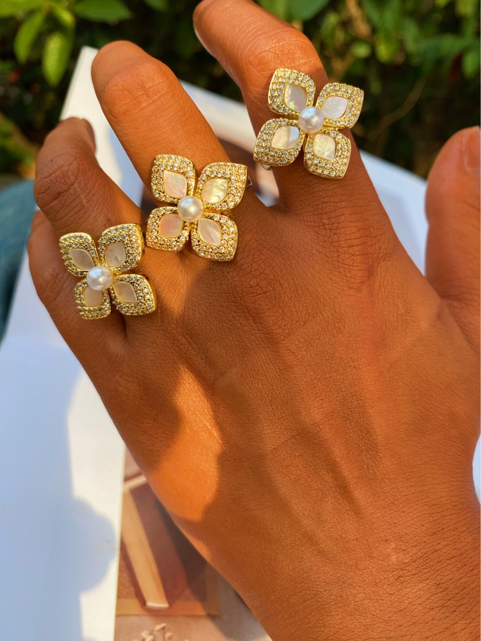 Flower Mother Pearl Lab Diamond Bangle and Ring set