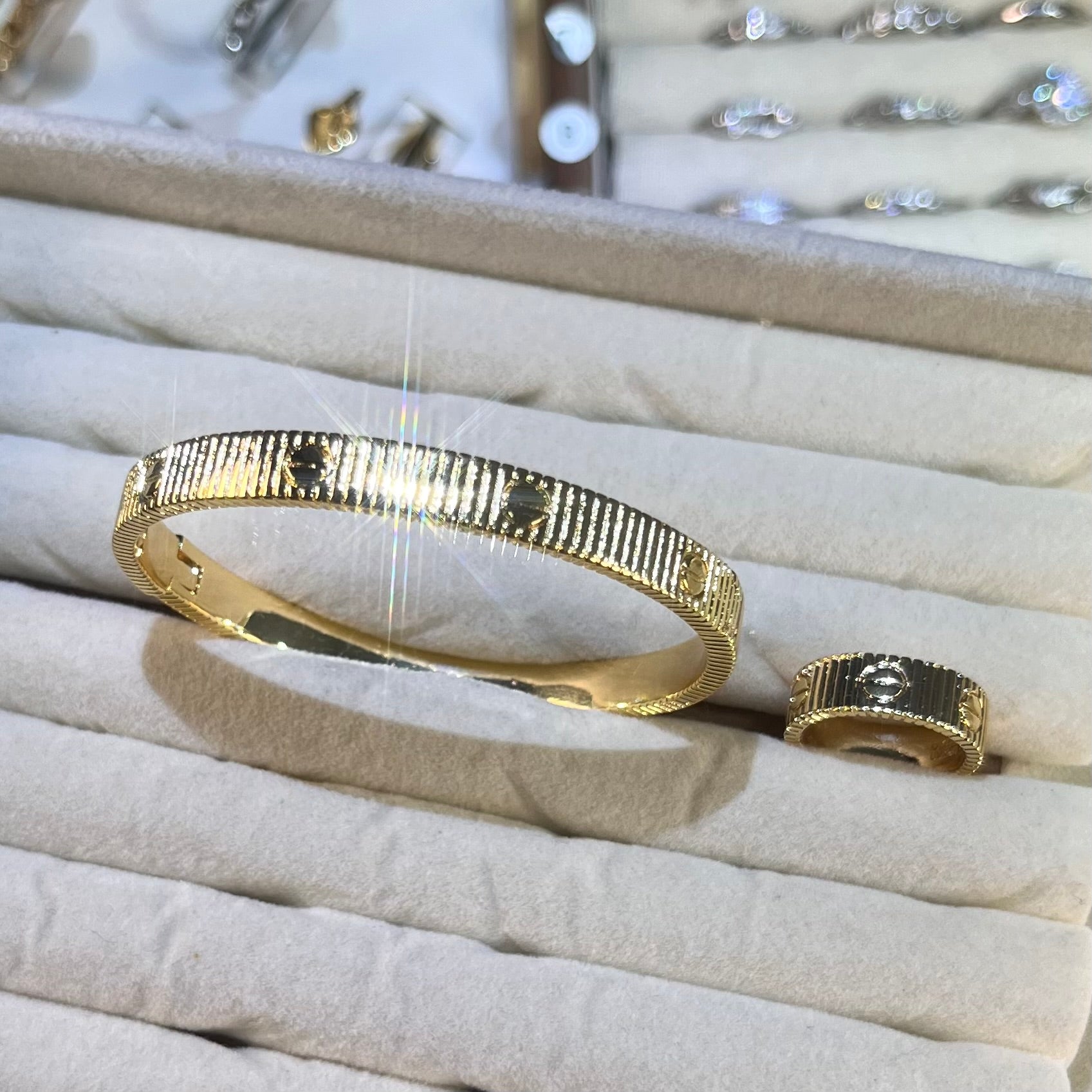 Classic Screw Love-Inspired Lab-Created Gemstone Bracelet & Ring Set | Gold-Tone Jewelry