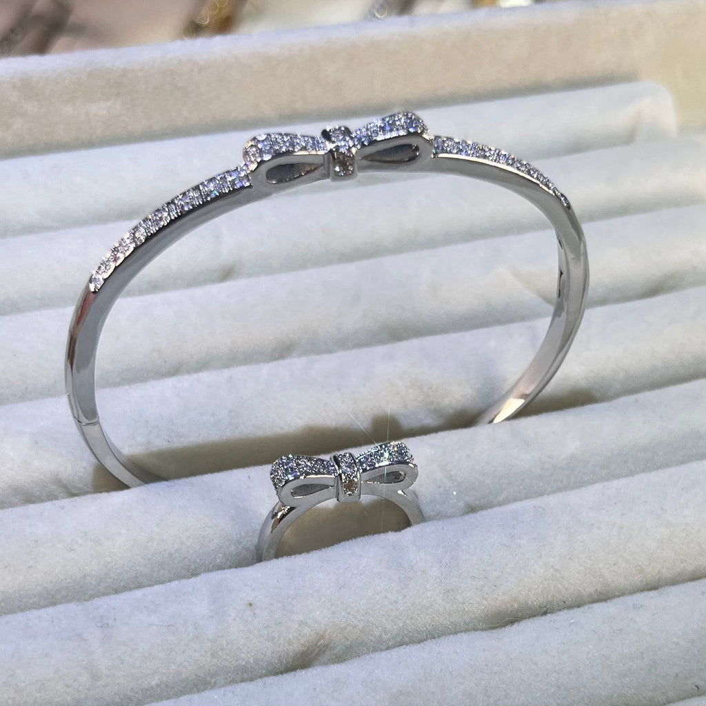 Dainty Bow Tie Pave Lab-Created Gemstone Bangle | Gold& Silver  Tone Jewelry