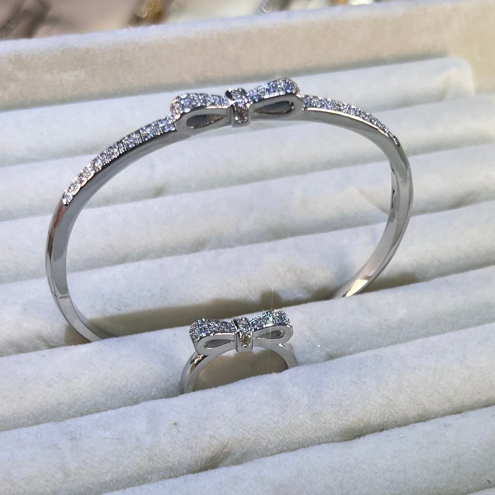 Dainty Bow Tie Pave Lab-Created Gemstone Bangle | Gold& Silver  Tone Jewelry