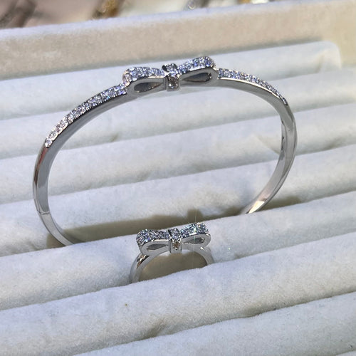 Dainty Bow Tie Pave Lab-Created Gemstone Bangle | Gold& Silver  Tone Jewelry