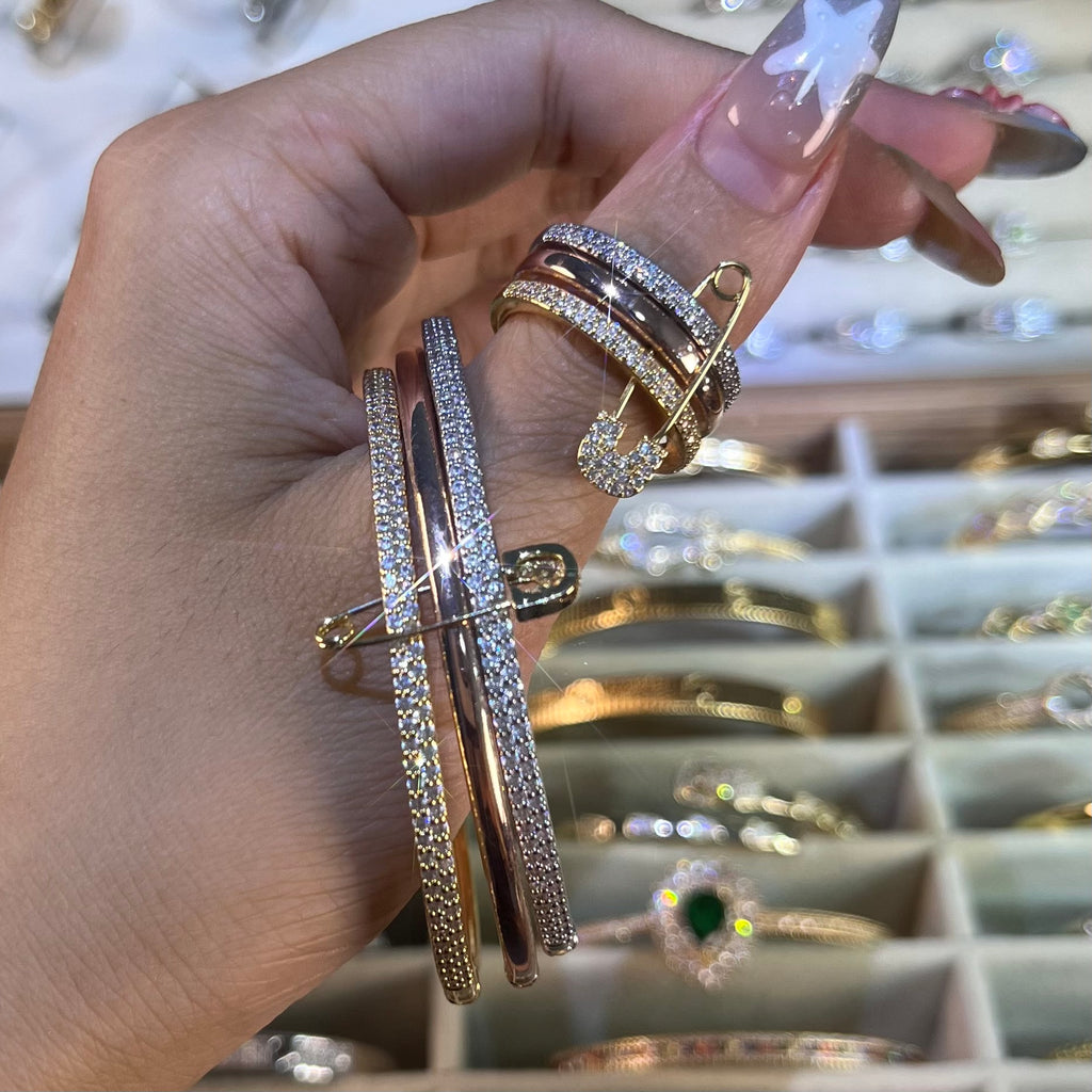 Tri-Tone Safety Pin Lab-Created Gemstone Stackable Bangle & Ring Set | Gold-Tone Jewelry