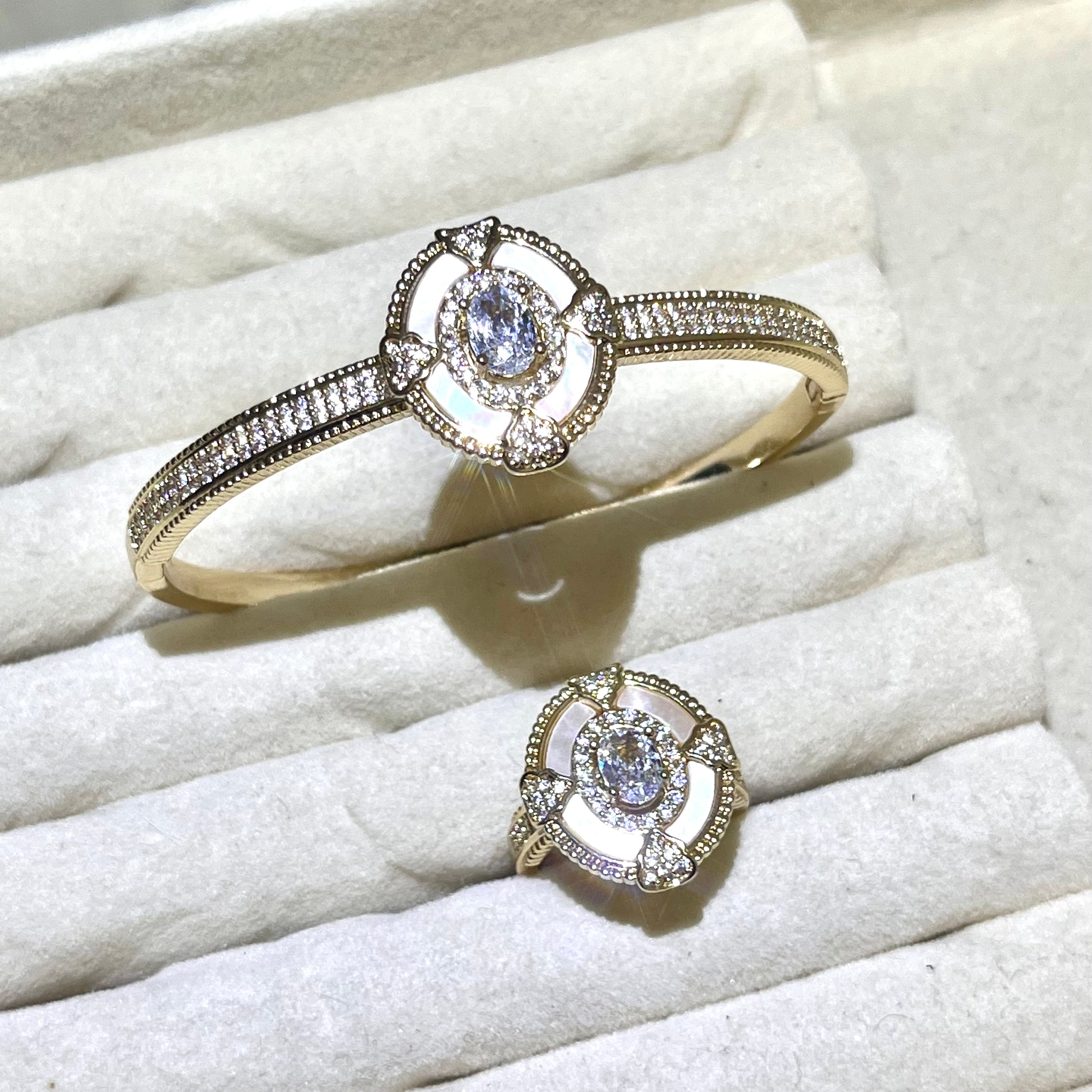 Moon mirror Lab-Created Gemstone Bangle and ring set| Gold Tone Jewelry