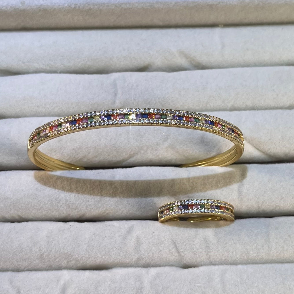 Thin Band Rainbow Lab-Created Gemstone Bangle & Ring Set | Gold-Tone Jewelry