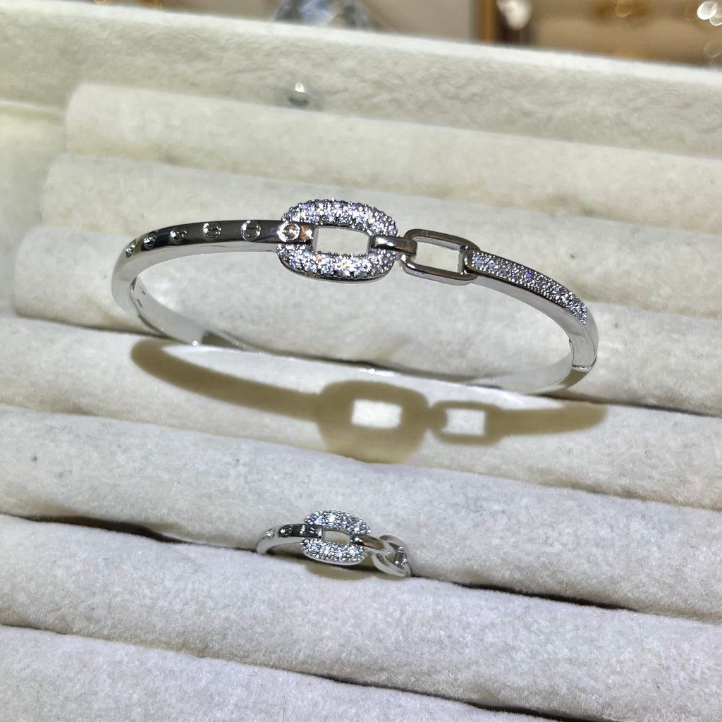 Timeless interlocking Lab grown Gemstone Gold & Silver bangle and ring set