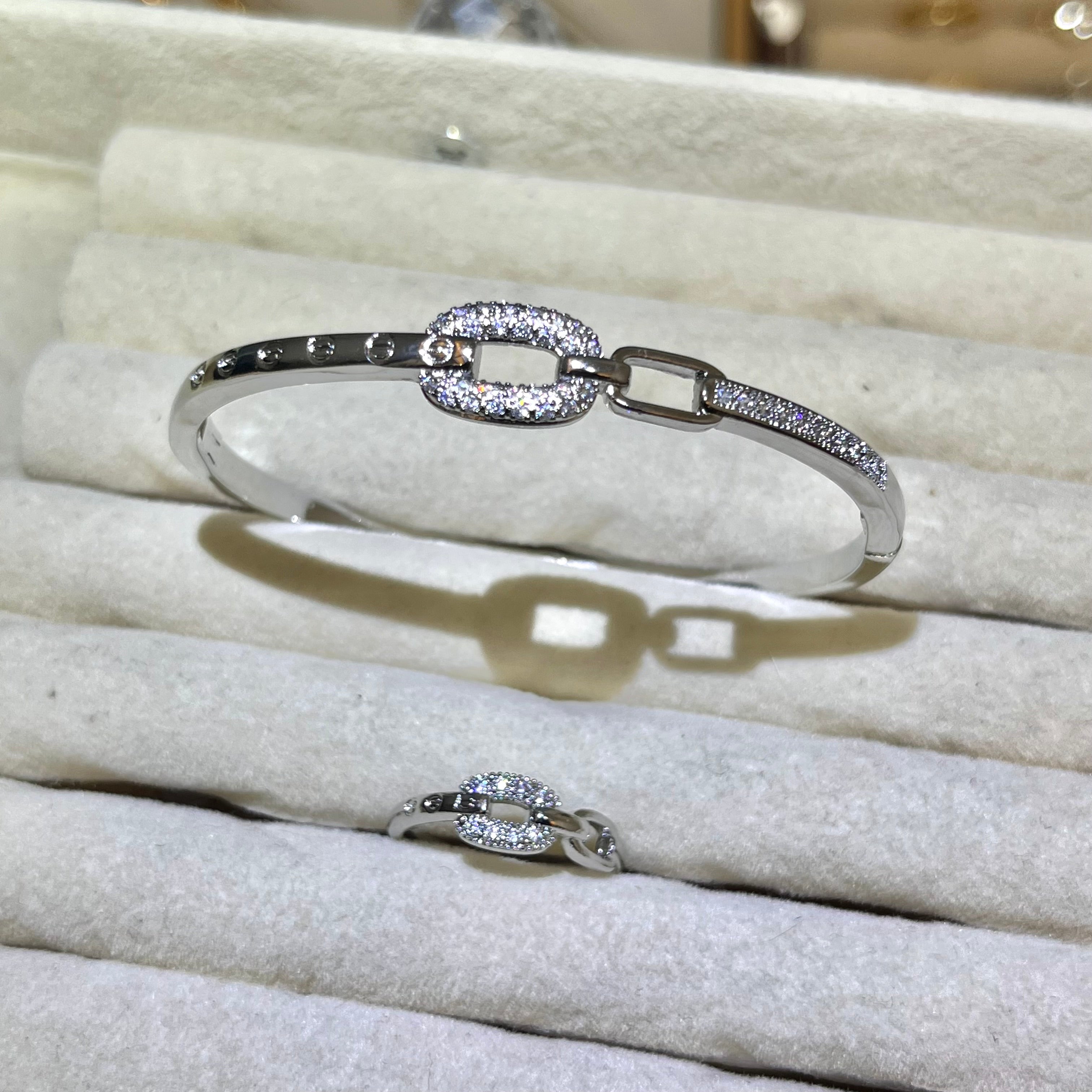 Timeless interlocking Lab grown Gemstone Gold & Silver bangle and ring set