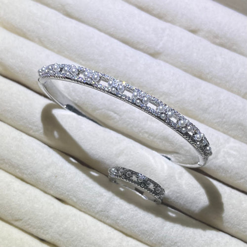 Antique Pearl Weave Silver Bangle and Ring set