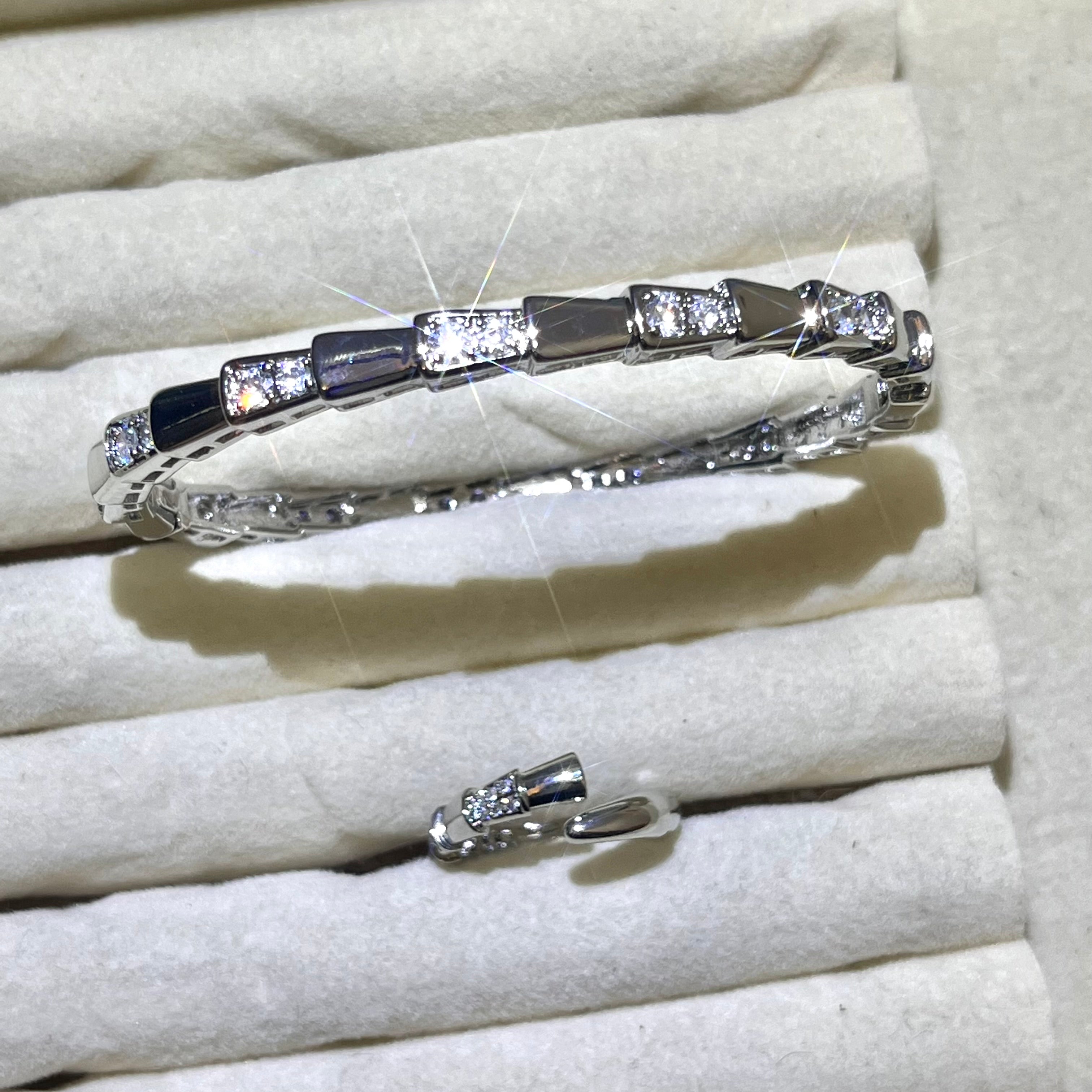 thin serpent pattern Lab-Created Gemstone Bangle and ring set| Silver Jewelry