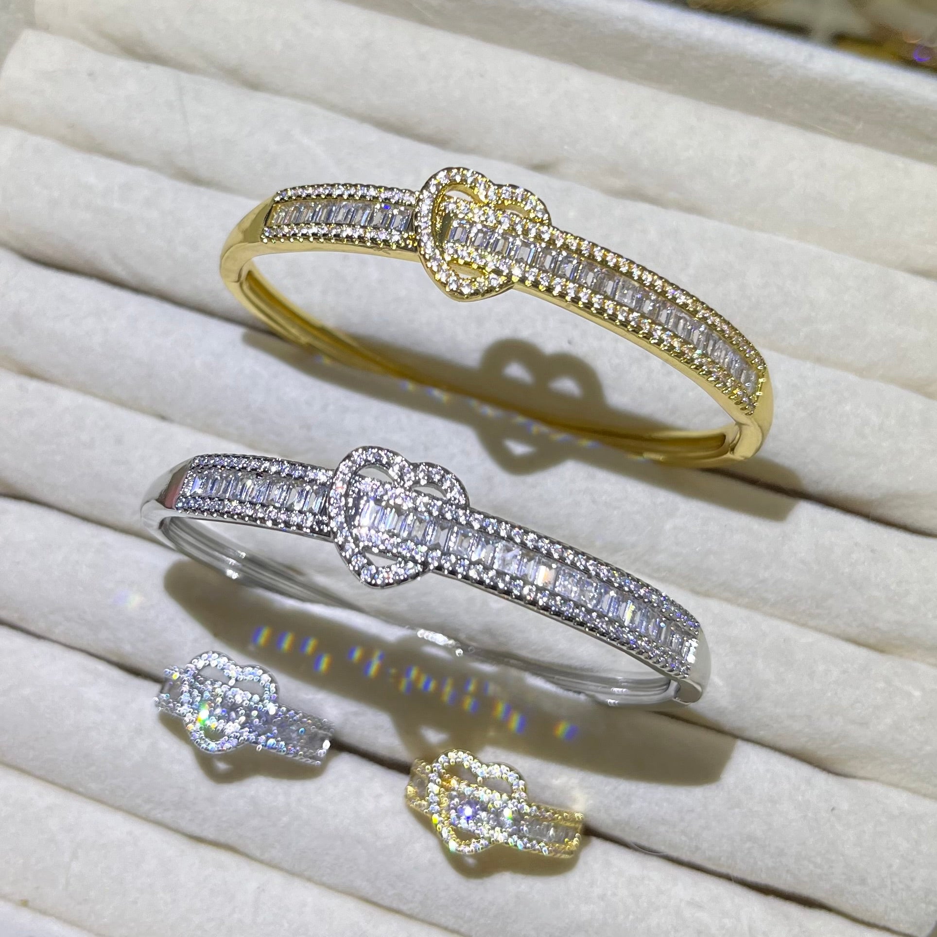 Heart locked Pave Golden&Silver Bangle and Ring Set