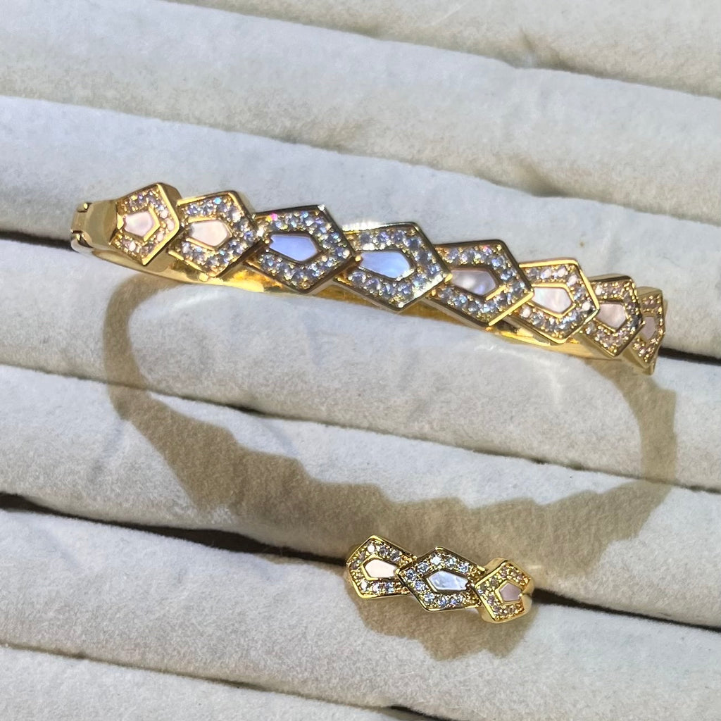 Gradient Geometric Mother-of-Pearl Lab-Created Gemstone Bangle & Ring Set | Gold-Tone Jewelry