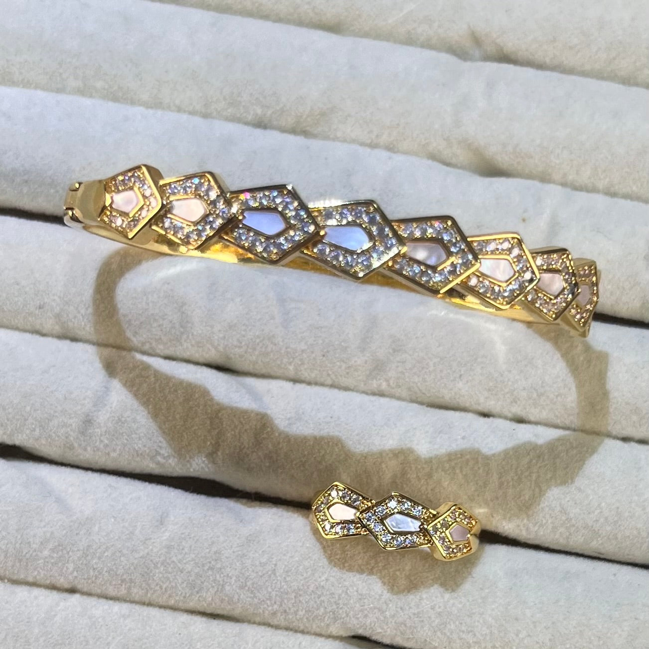 Gradient Geometric Mother-of-Pearl Lab-Created Gemstone Bangle & Ring Set | Gold-Tone Jewelry