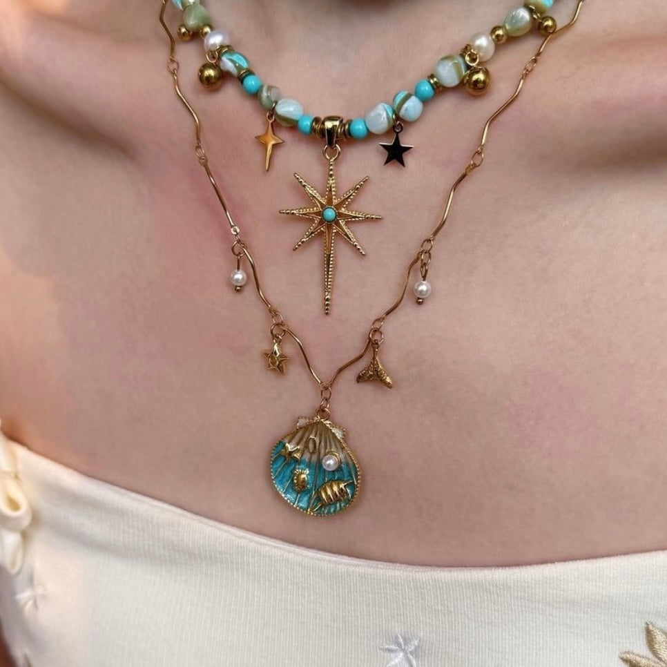 Vintage Coastal Star &Shell Layered Necklace