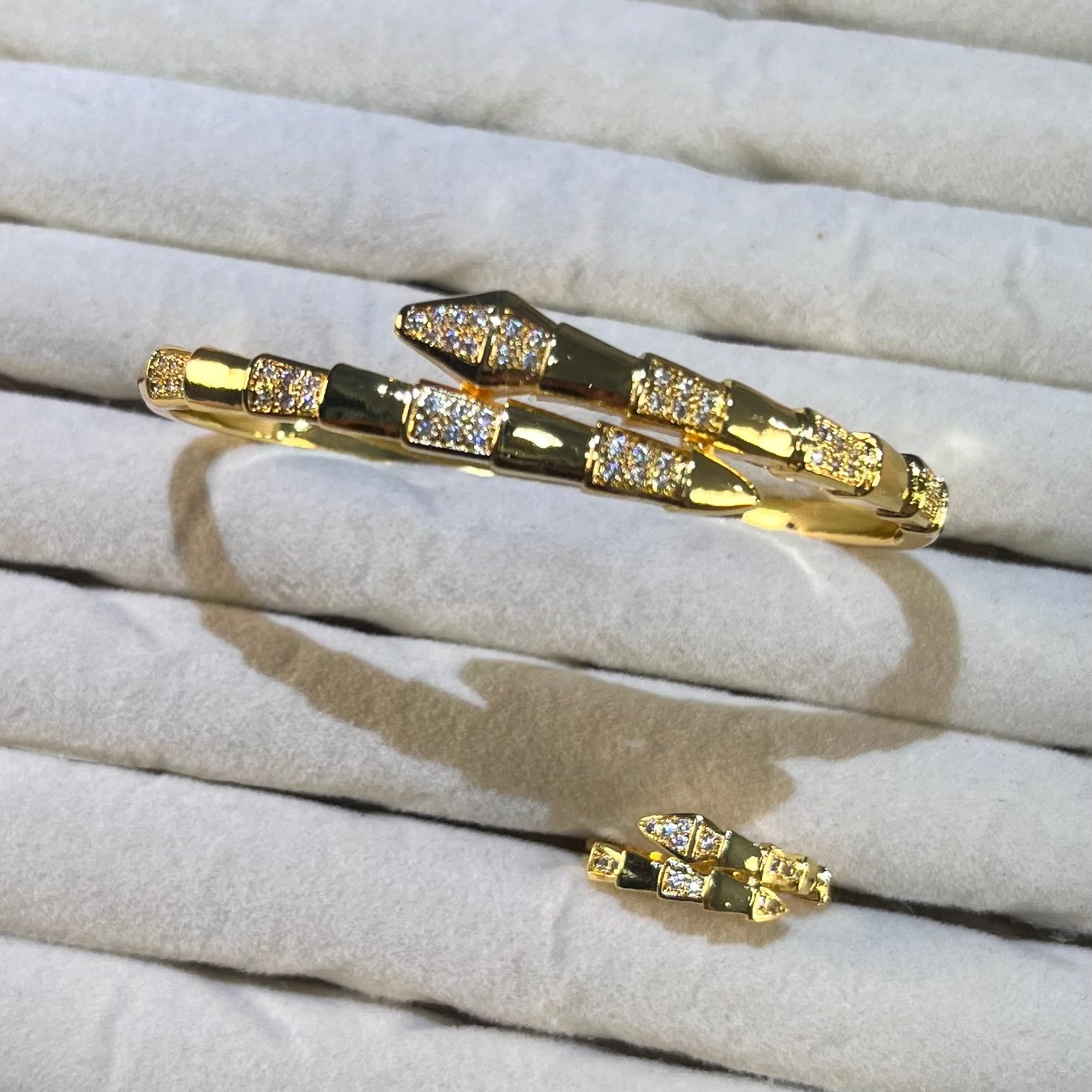 Dual-Headed Serpent Lab-Created Gemstone Bangle & Ring Set | Gold-Tone Jewelry