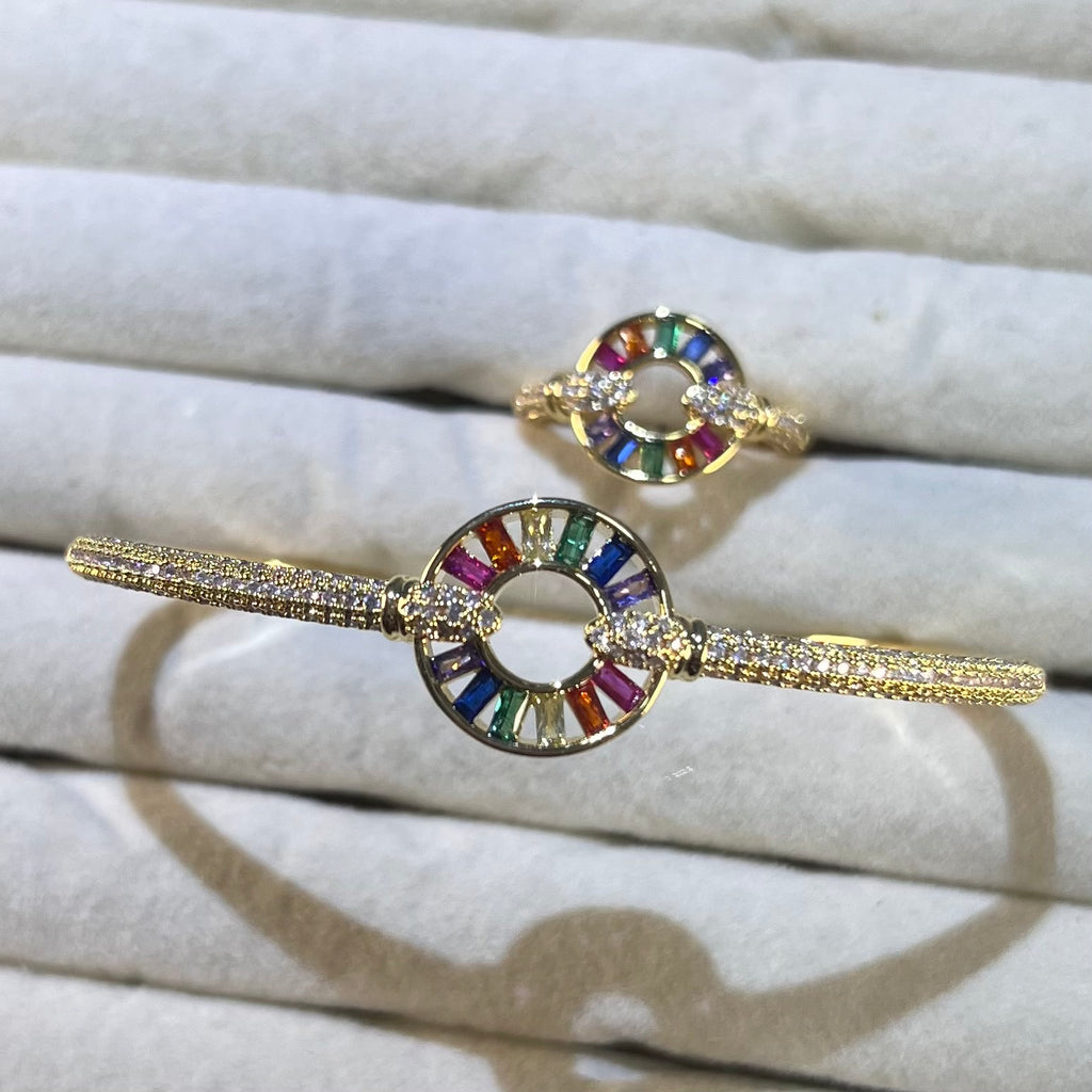 Luxury Rainbow Circle Lab-Created Gemstone Bracelet & Ring Set | Gold-Tone Jewelry
