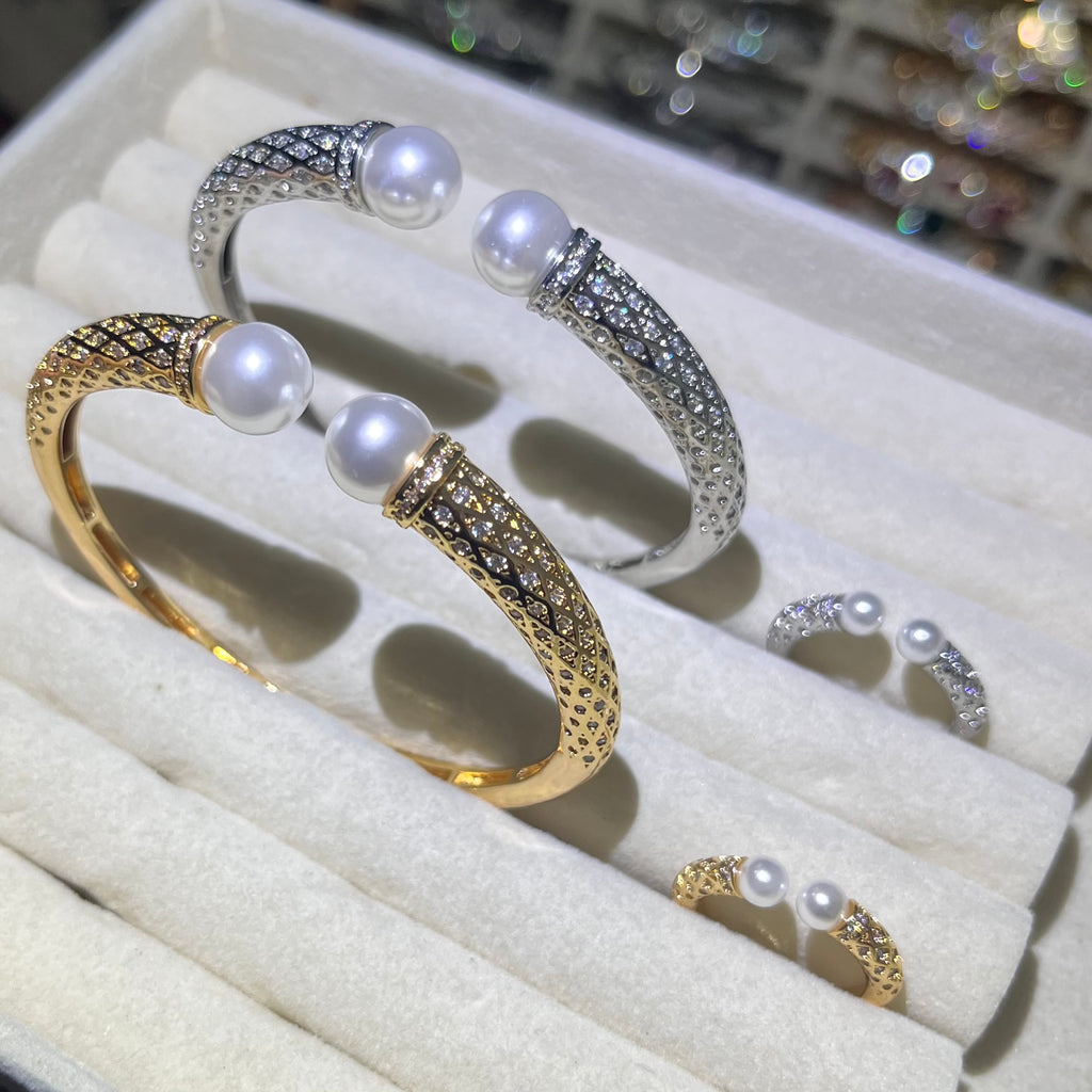 Quilted Pearl Cuff Bangle and Ring Set