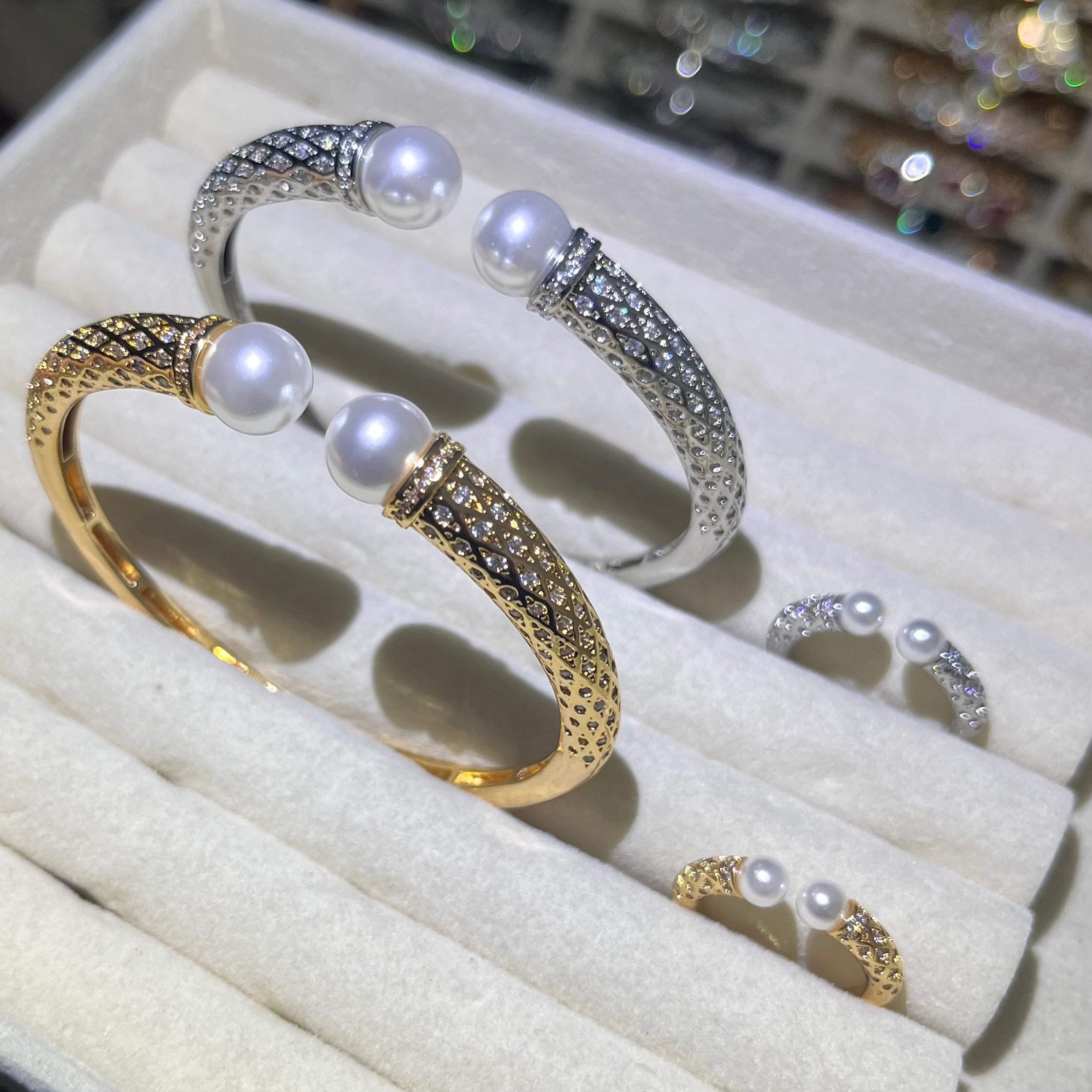 Quilted Pearl Cuff Bangle and Ring Set