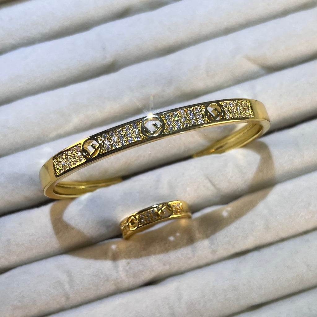 3F Hollow Pave Lab-Created Gemstone Bangle & Ring Set | Gold& Silver Tone Jewelry