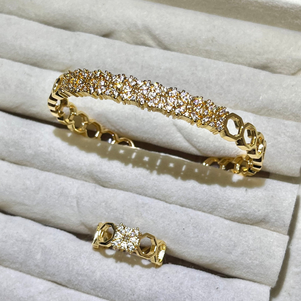 Shiny honeycomb hallowed Lux Lab-Created Gemstone Bangle and ring set| Gold& Silver Tone Jewelry