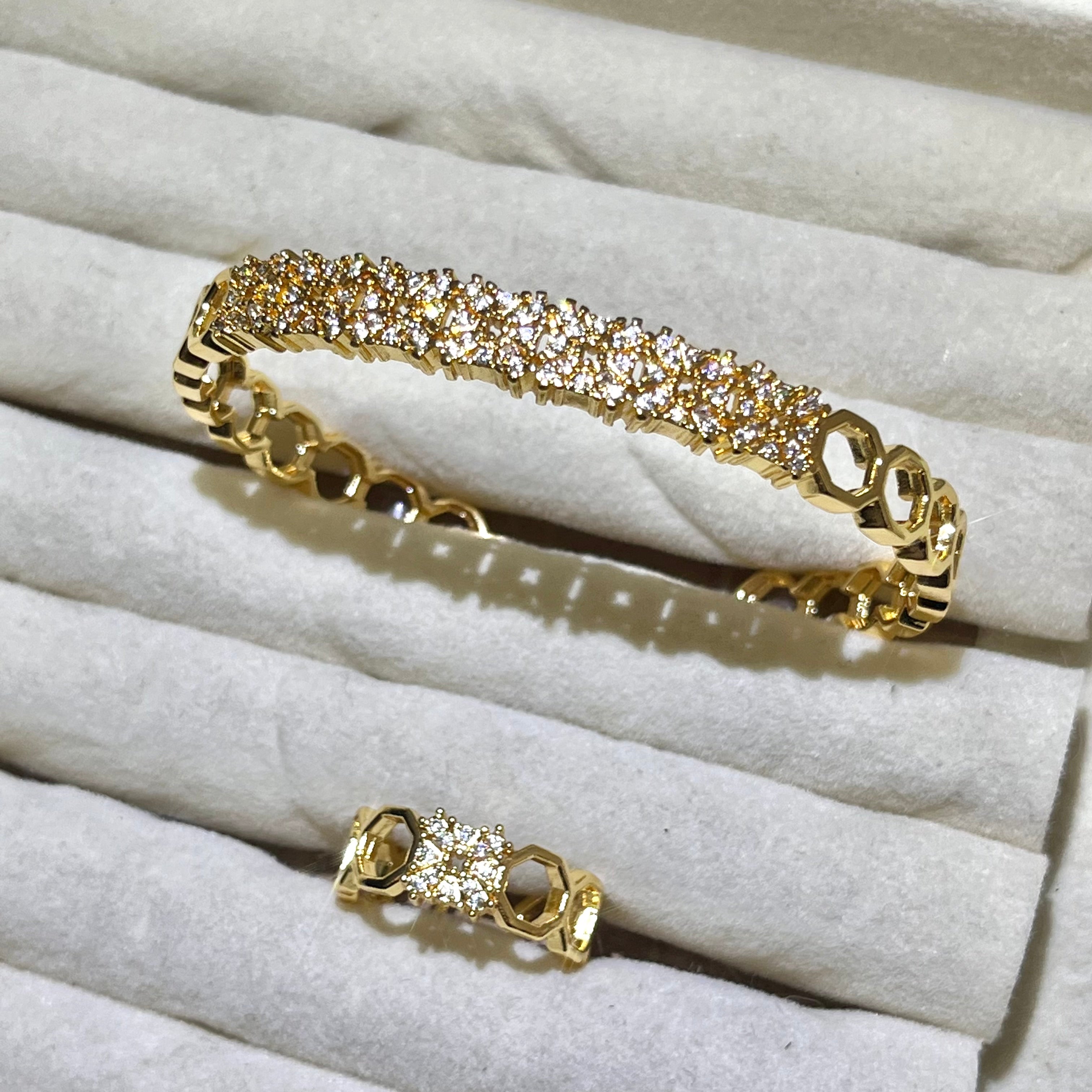 Shiny honeycomb hallowed Lux Lab-Created Gemstone Bangle and ring set| Gold& Silver Tone Jewelry