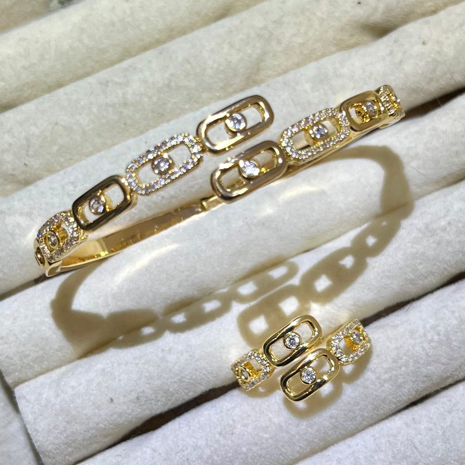 Elegant Chain Link Lab Created Diamond Cuff Bangle and ring set| silver and gold tone