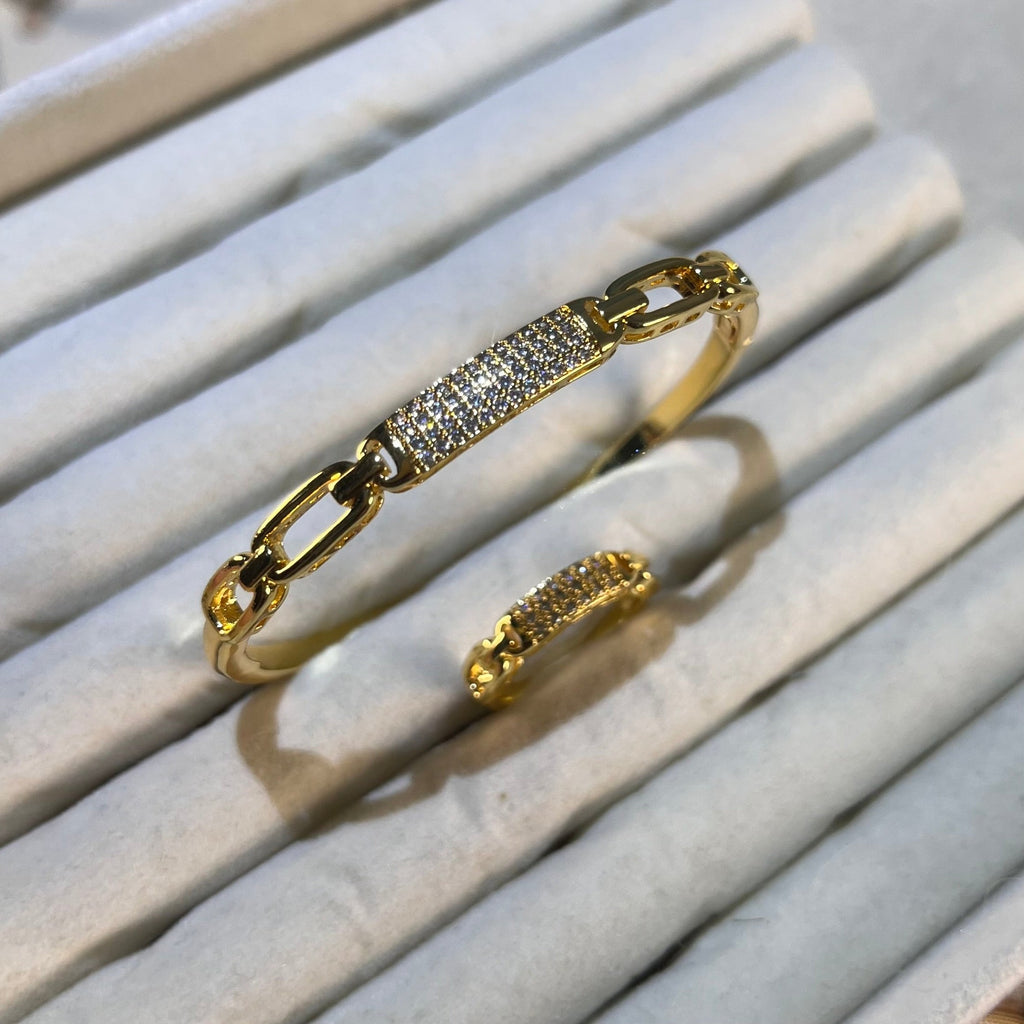 Paperclip Link Pave Lab-Created Gemstone Bracelet & Ring Set | Gold& Silver Tone Jewelry