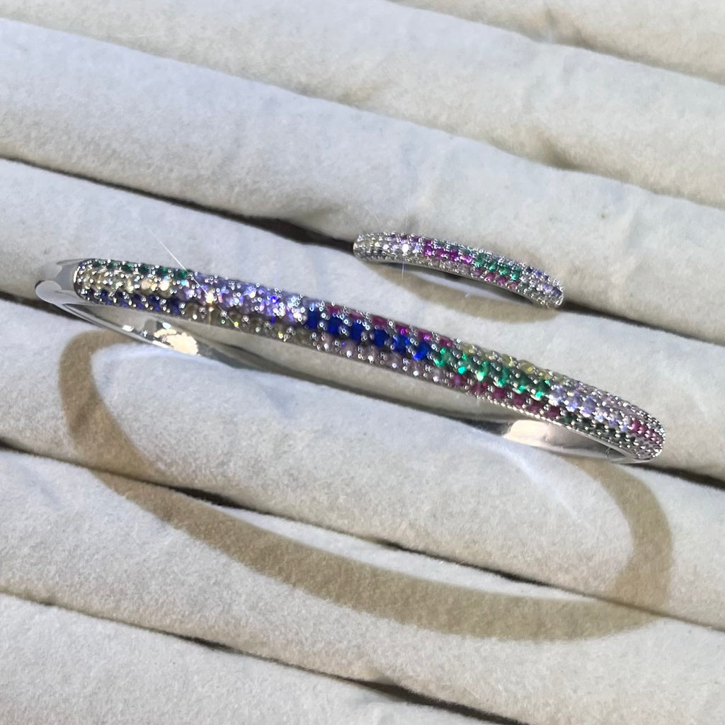 Rainbow Pave Lab-Created Gemstone Bangle & Ring Set | Gold&Silver-Tone Jewelry