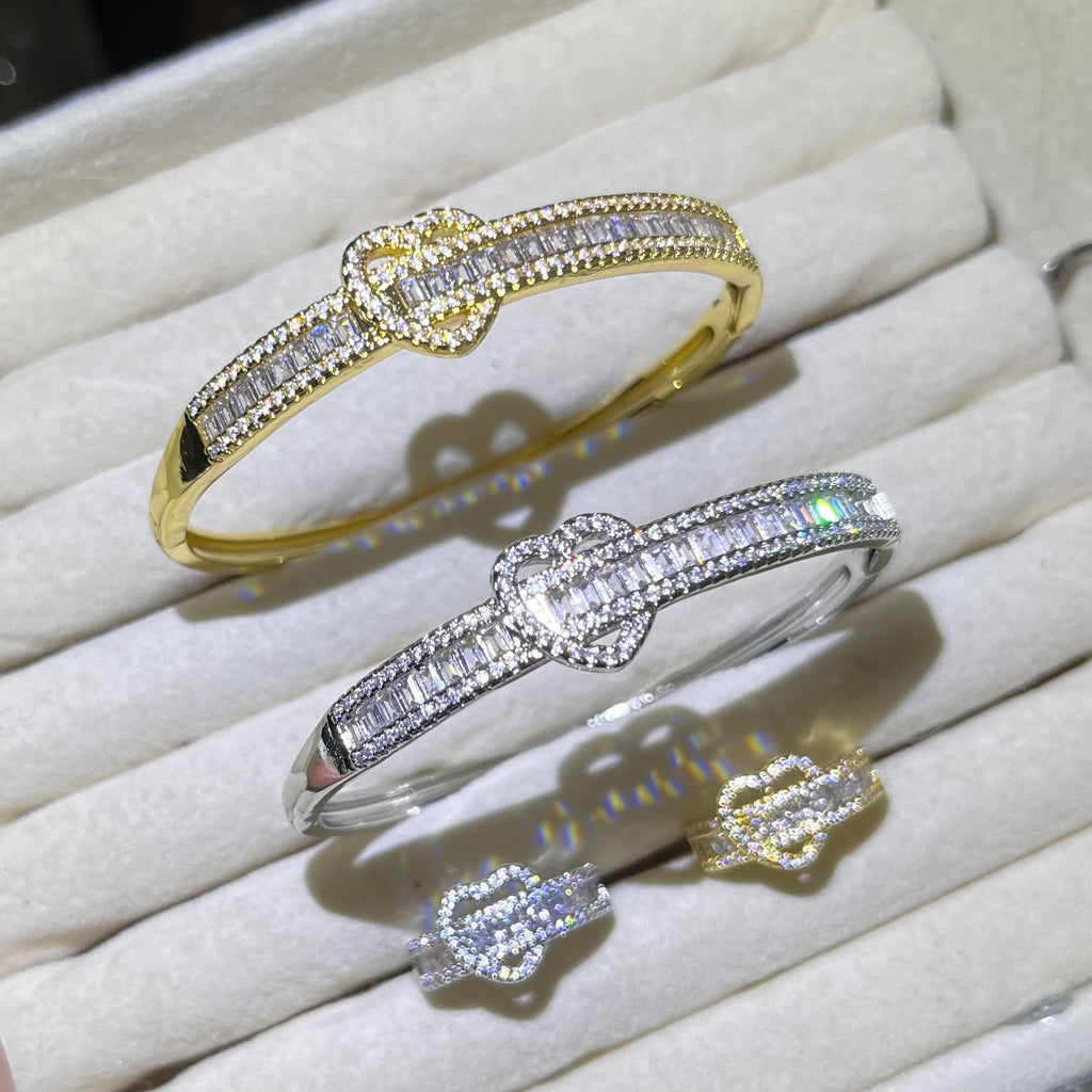 Heart locked Pave Golden&Silver Bangle and Ring Set