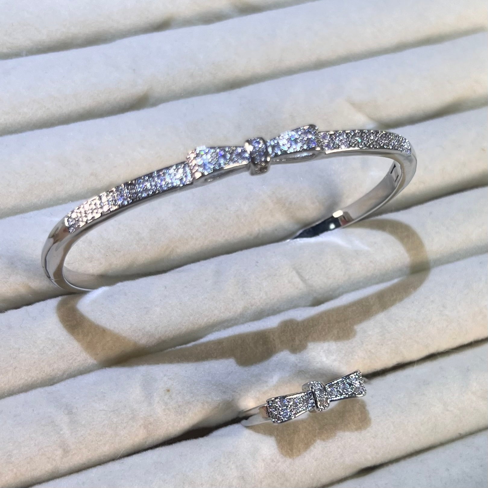 Dainty Bow Tie Pave Lab-Created Gemstone Bangle | Gold& Silver  Tone Jewelry