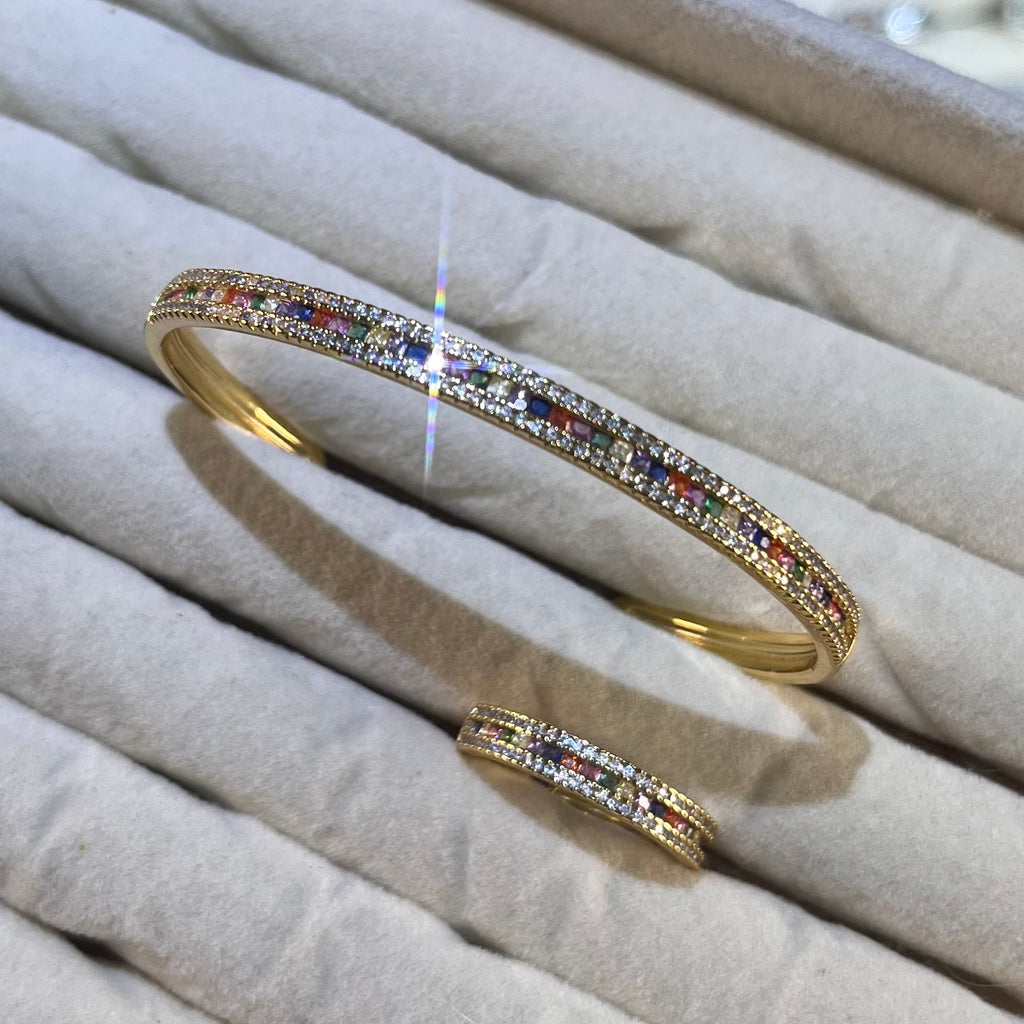 Thin Band Rainbow Lab-Created Gemstone Bangle & Ring Set | Gold-Tone Jewelry