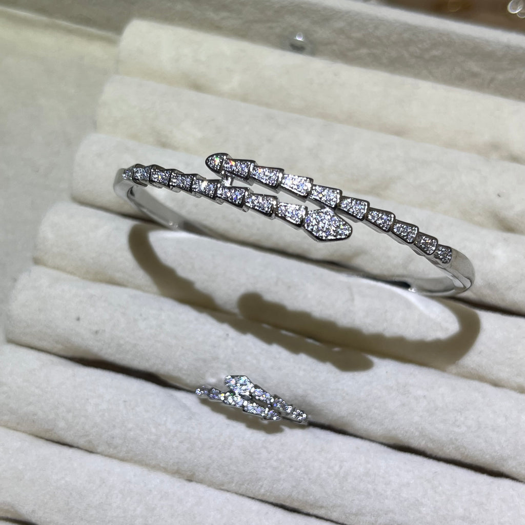 Shimmer Serpent Lab-Created Gemstone Bangle and ring set| Gold& Silver Tone Jewelry