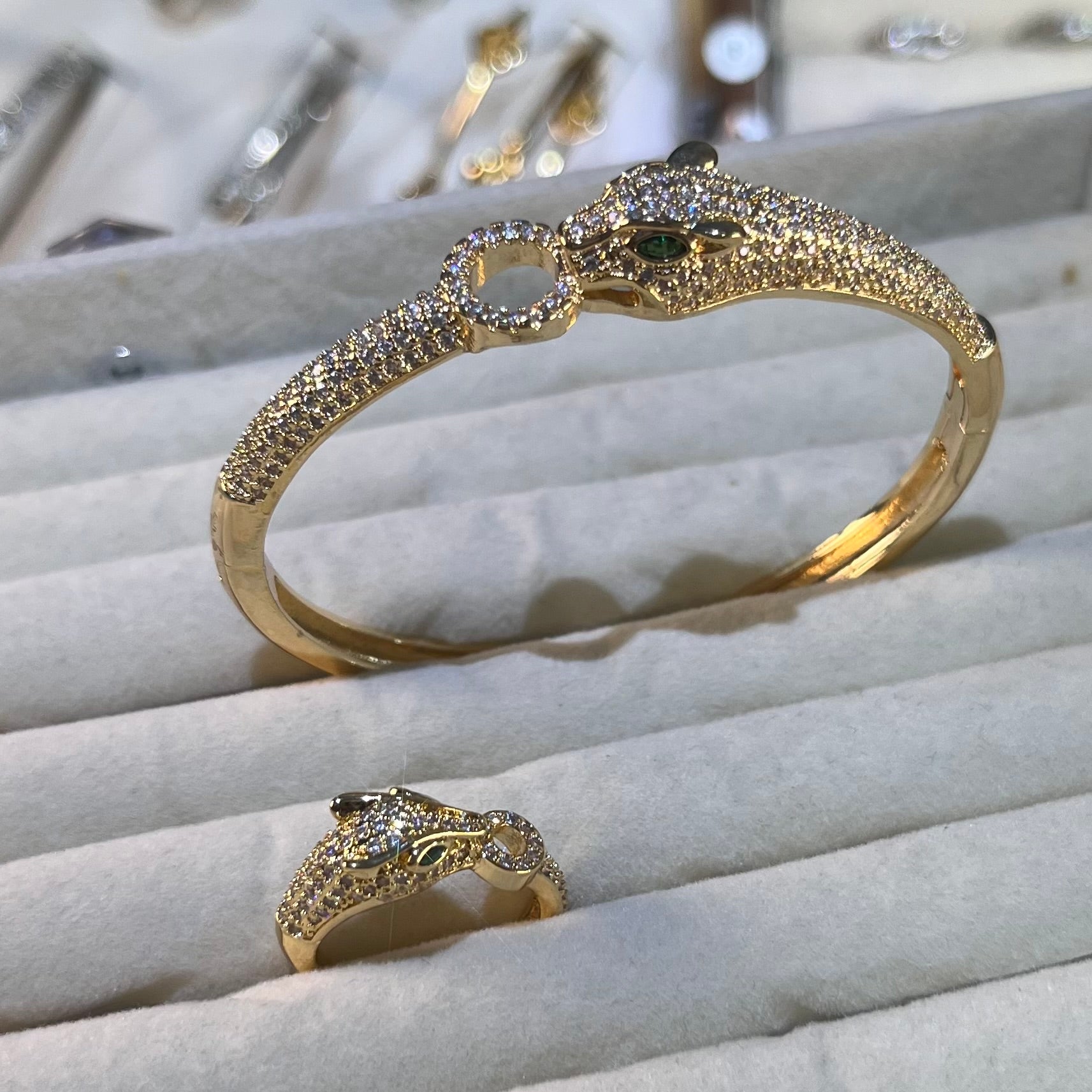 Emerald-Eye Panther Head Lab-Created Gemstone Bracelet & Ring Set | Gold-Tone Jewelry