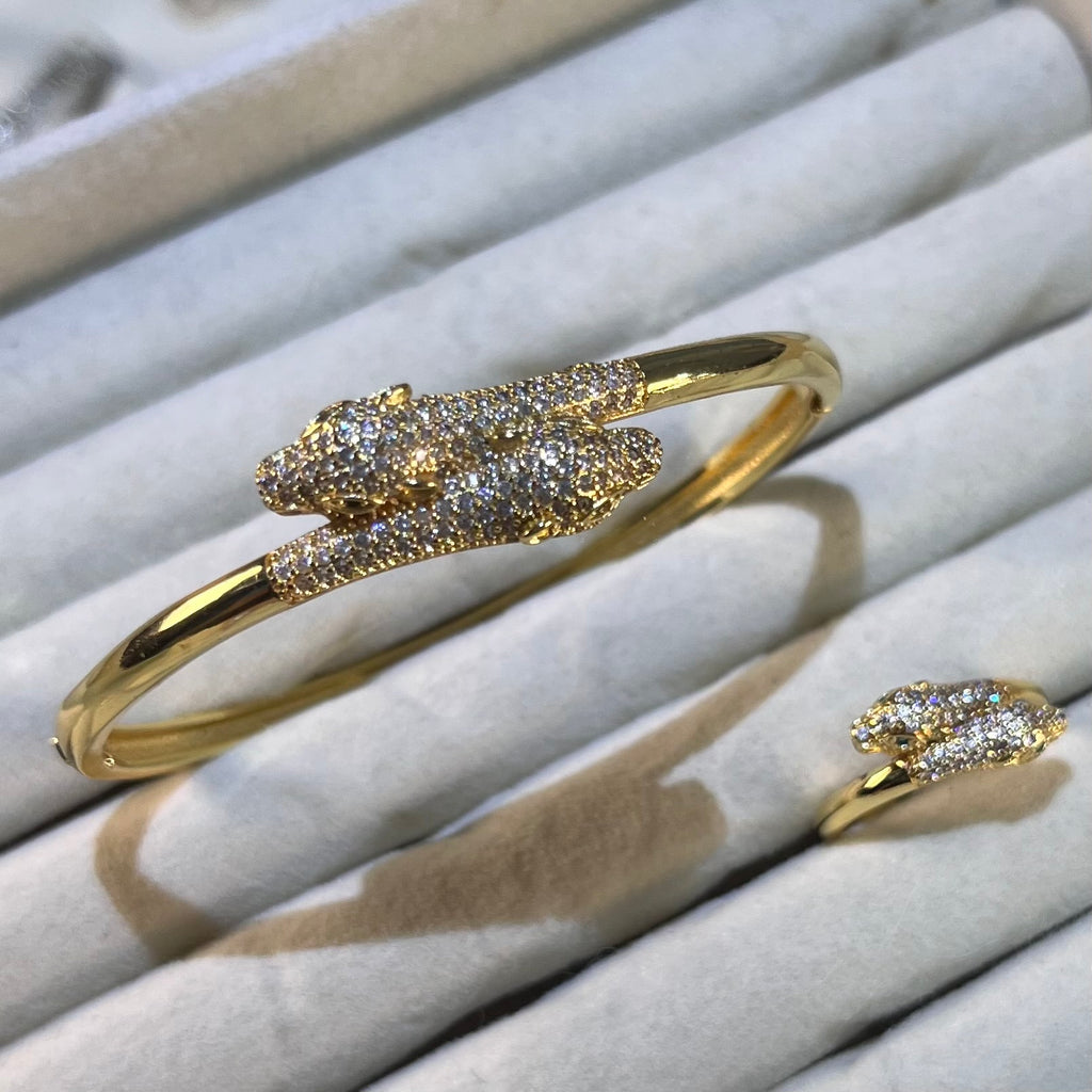 Double Panther Head Lab-Created Gemstone Bracelet & Ring Set | Gold-Tone Jewelry