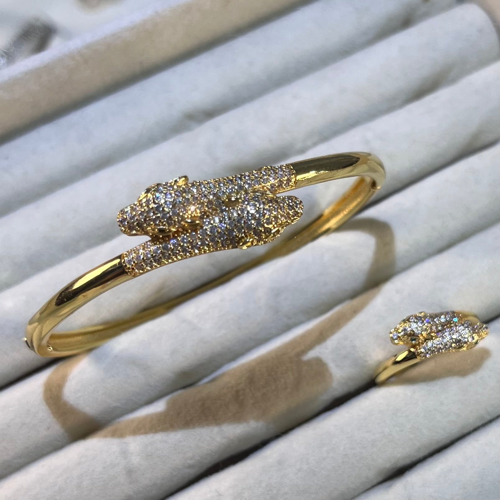 Double Panther Head Lab-Created Gemstone Bracelet & Ring Set | Gold-Tone Jewelry