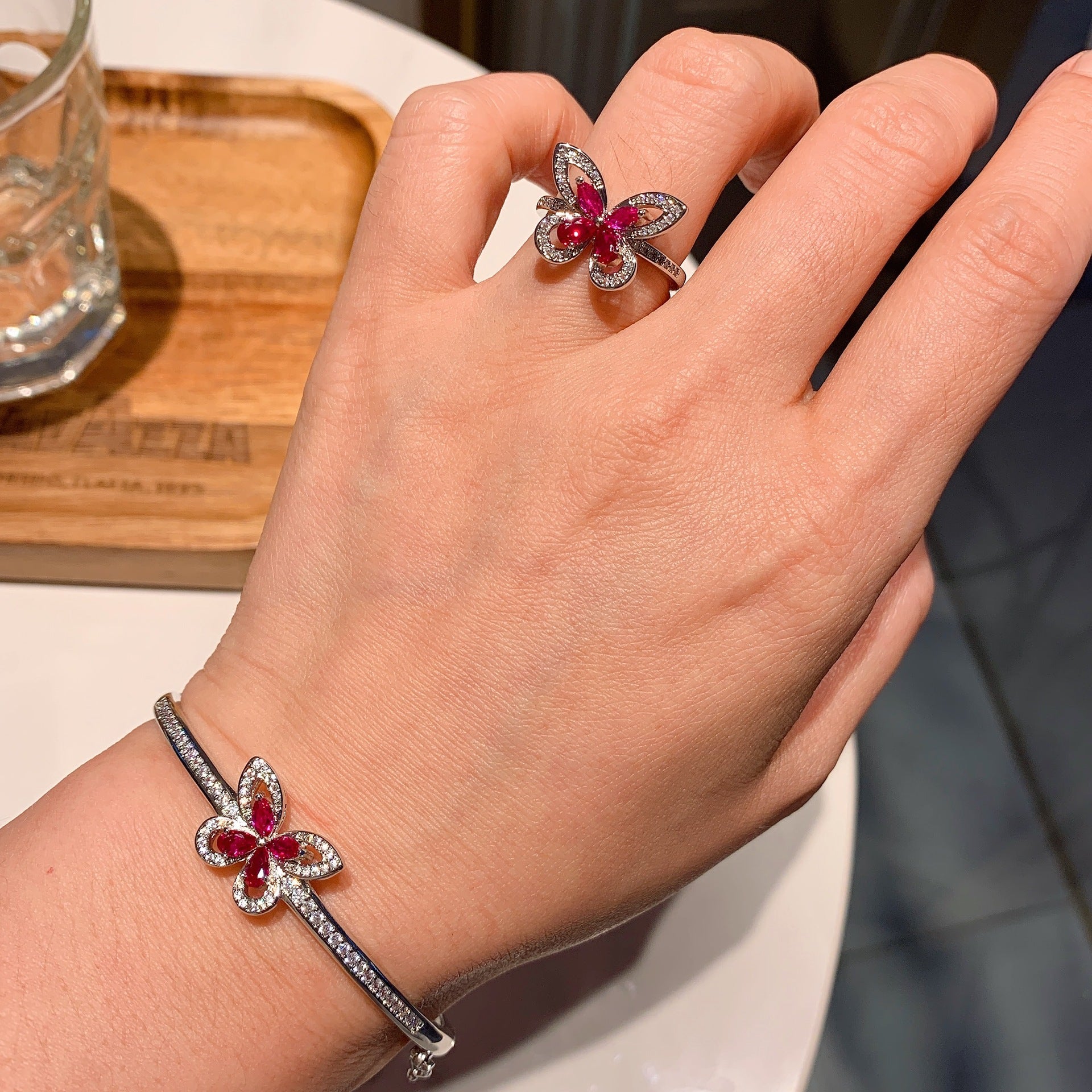 🦋 Lab grown ruby& aquamarine ✨Butterflies and ring set