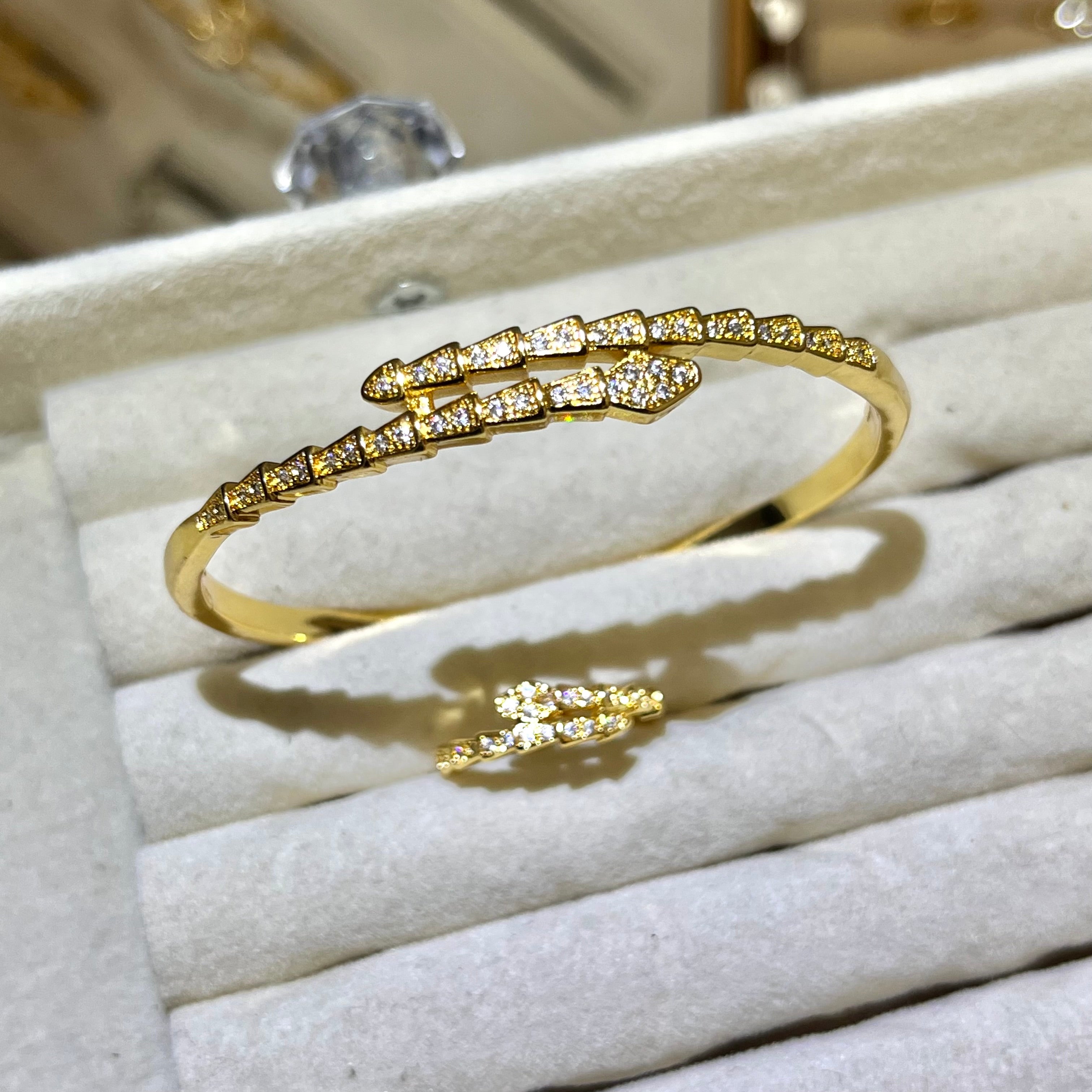 Shimmer Serpent Lab-Created Gemstone Bangle and ring set| Gold& Silver Tone Jewelry