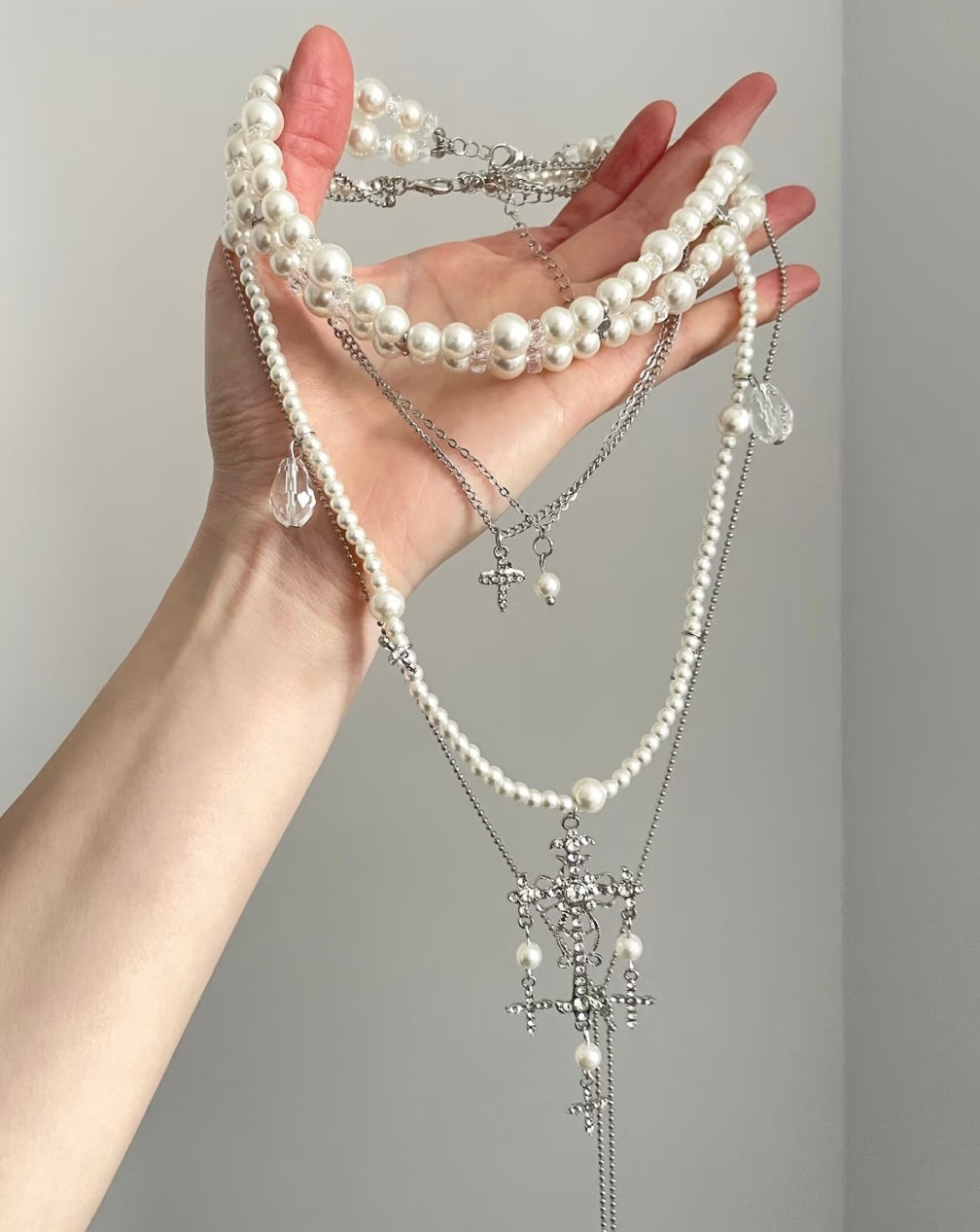 Gothic Cross Layered Pearl Necklace, Y2K Silver Stacked Choker