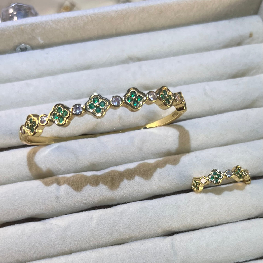 Lucky Clover Multicolor Lab-Created Gemstone Bangle & Ring Set | Gold-Tone Jewelry
