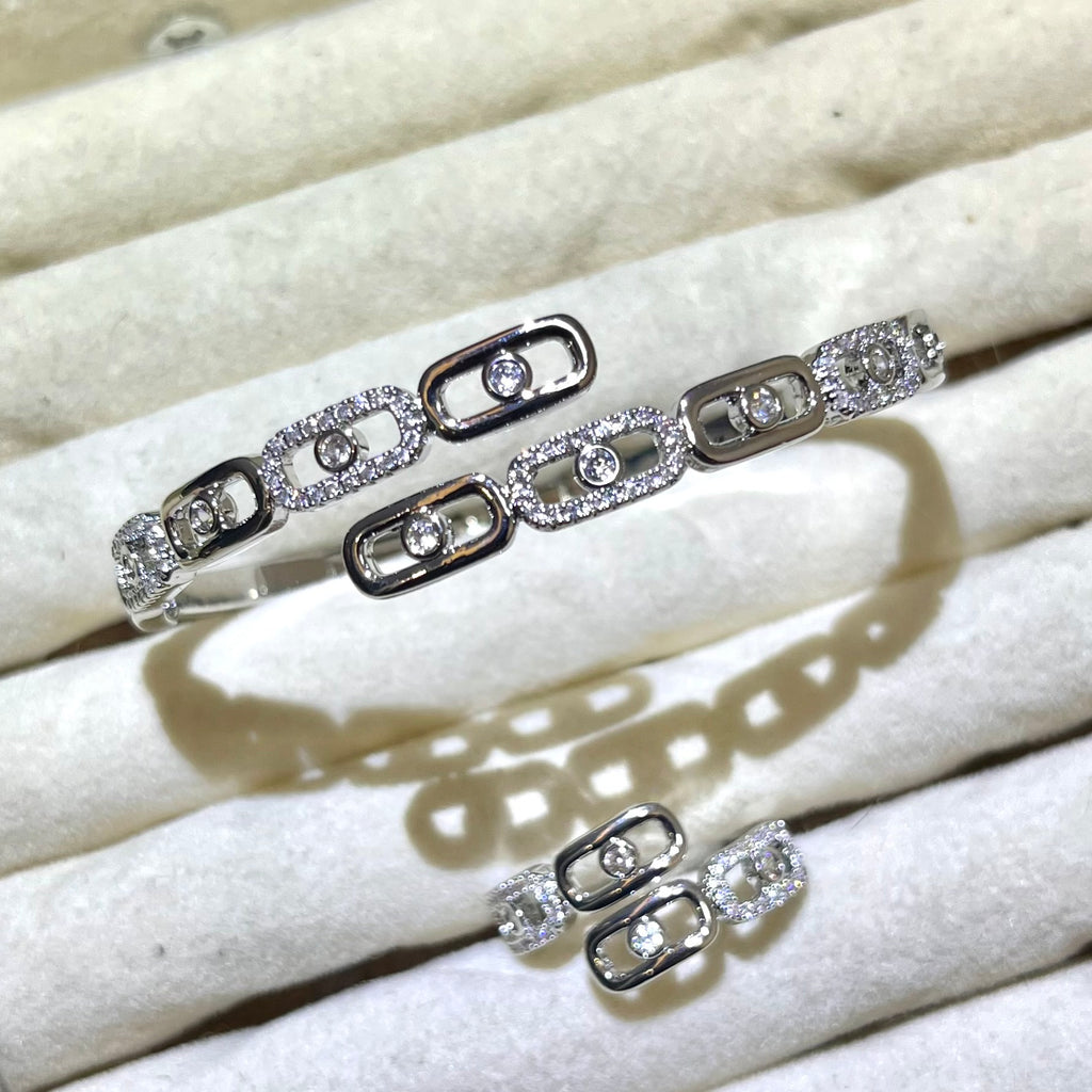 Elegant Chain Link Lab Created Diamond Cuff Bangle and ring set| silver and gold tone