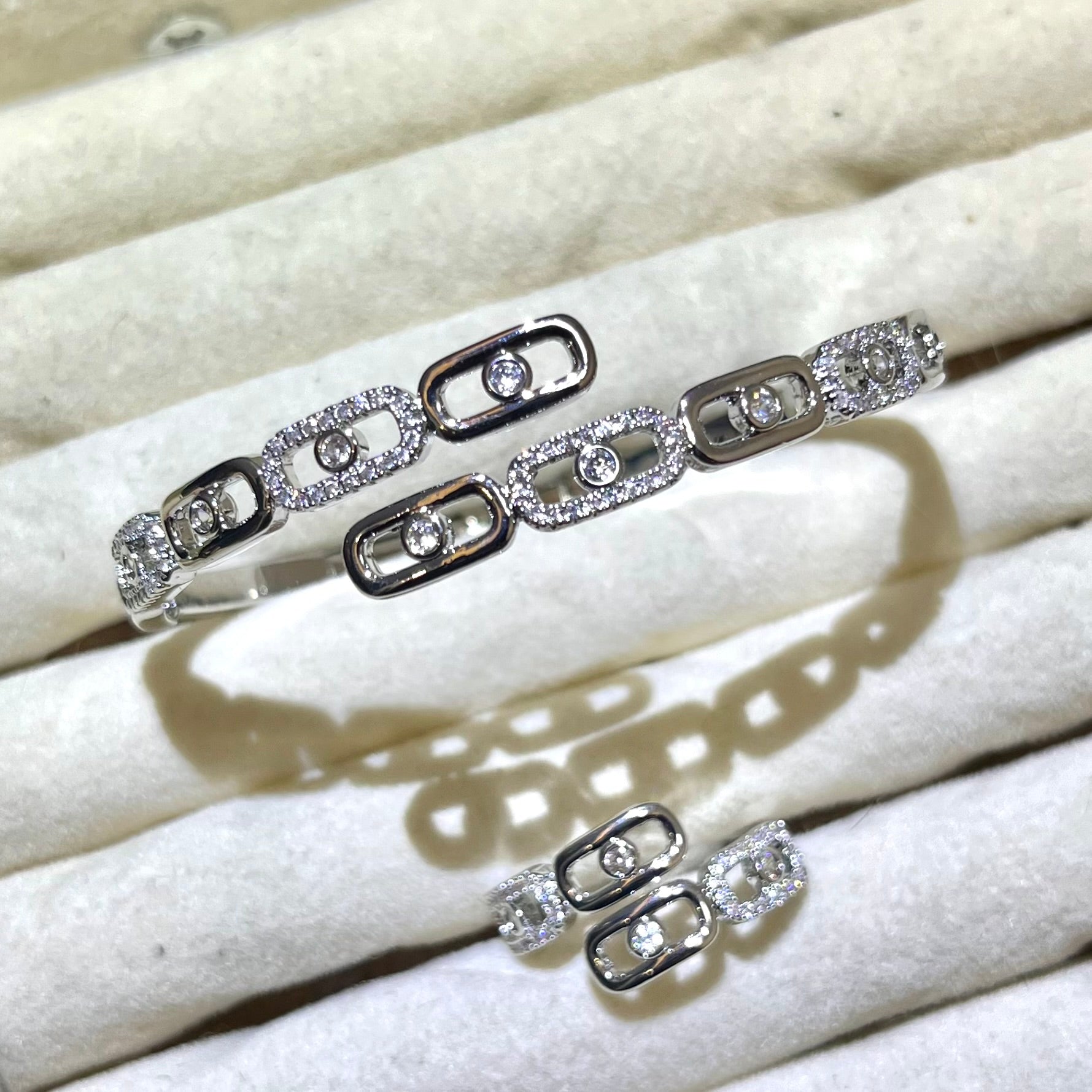 Elegant Chain Link Lab Created Diamond Cuff Bangle and ring set| silver and gold tone