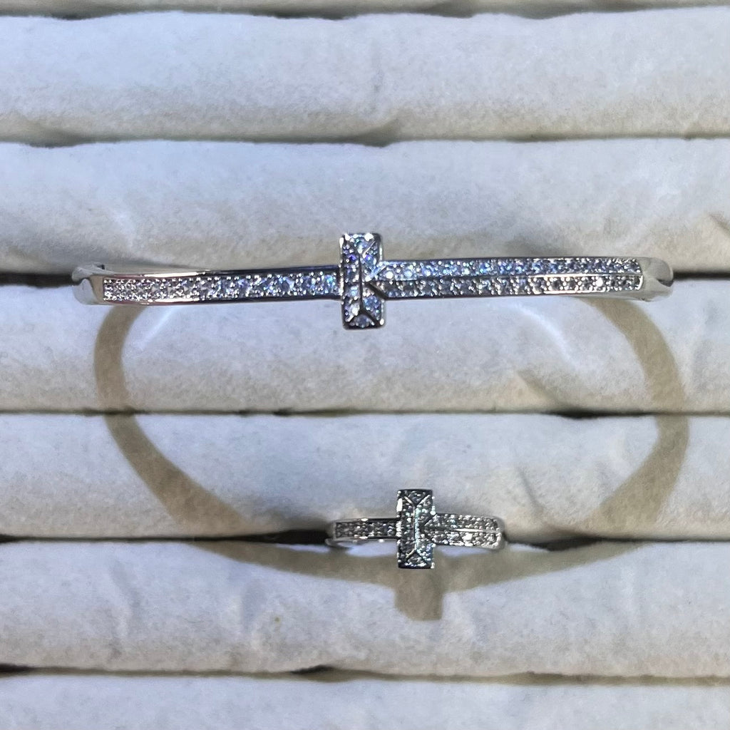 T-Shape Cross Pave Lab-Created Gemstone Bangle & Ring Set | Gold& Silver Tone Jewelry