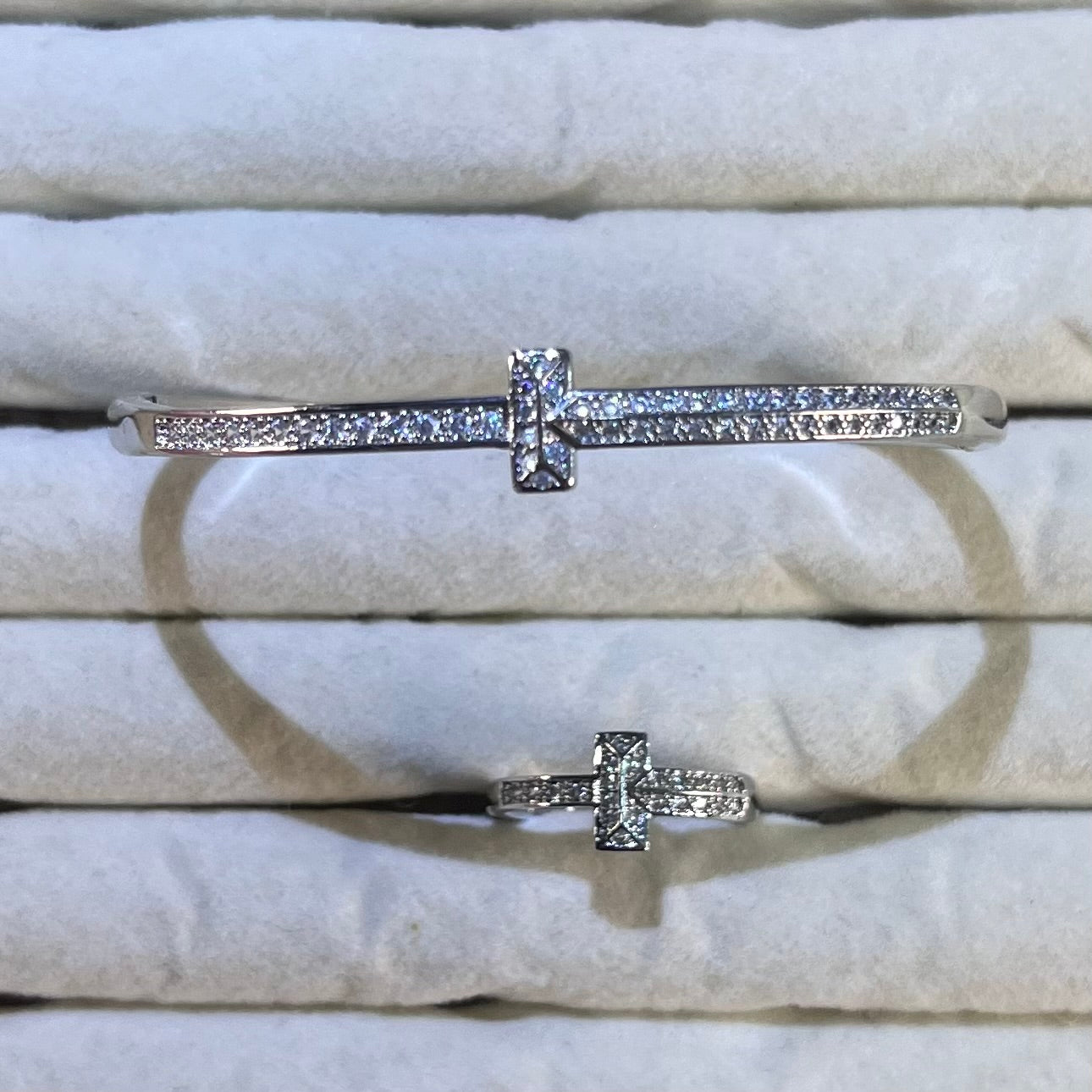 T-Shape Cross Pave Lab-Created Gemstone Bangle & Ring Set | Gold& Silver Tone Jewelry