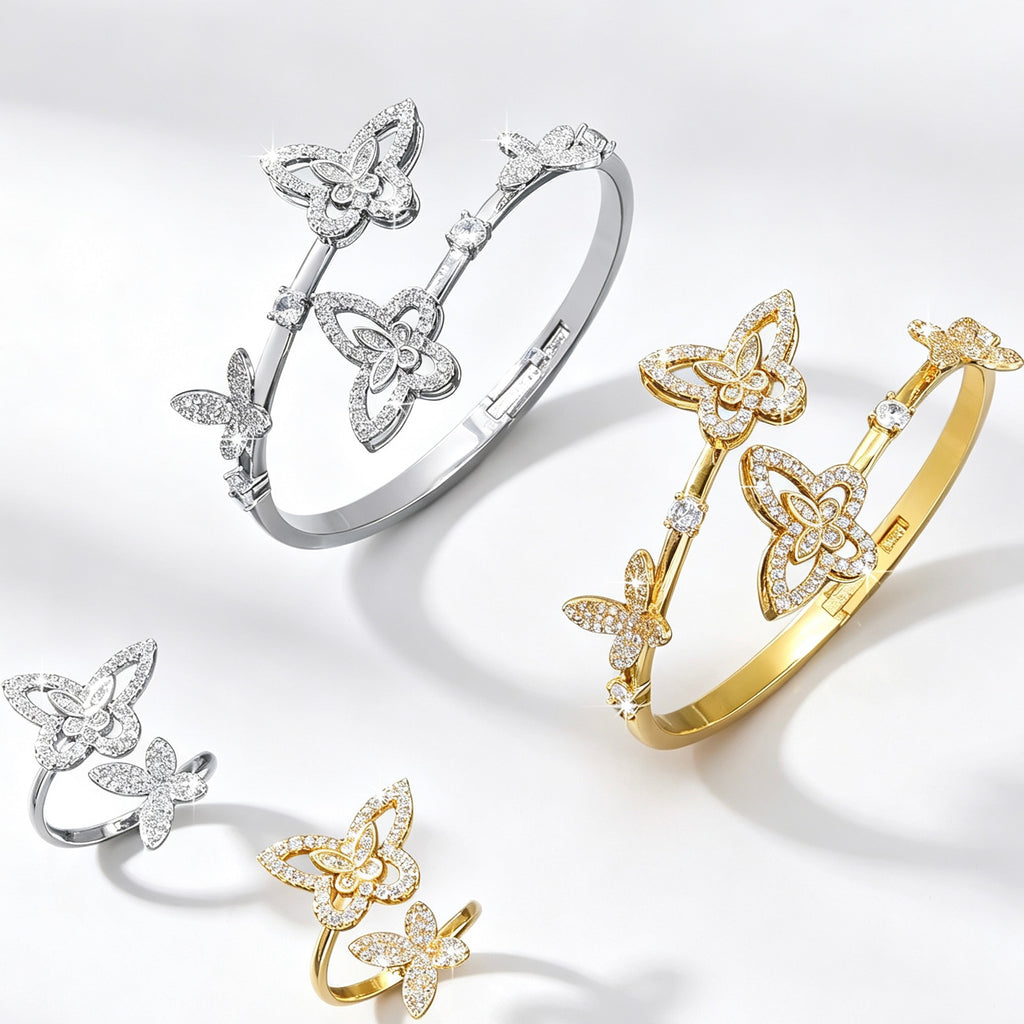 Dual Dancing Butterflies Bangle and Ring Set| Gold &Silver