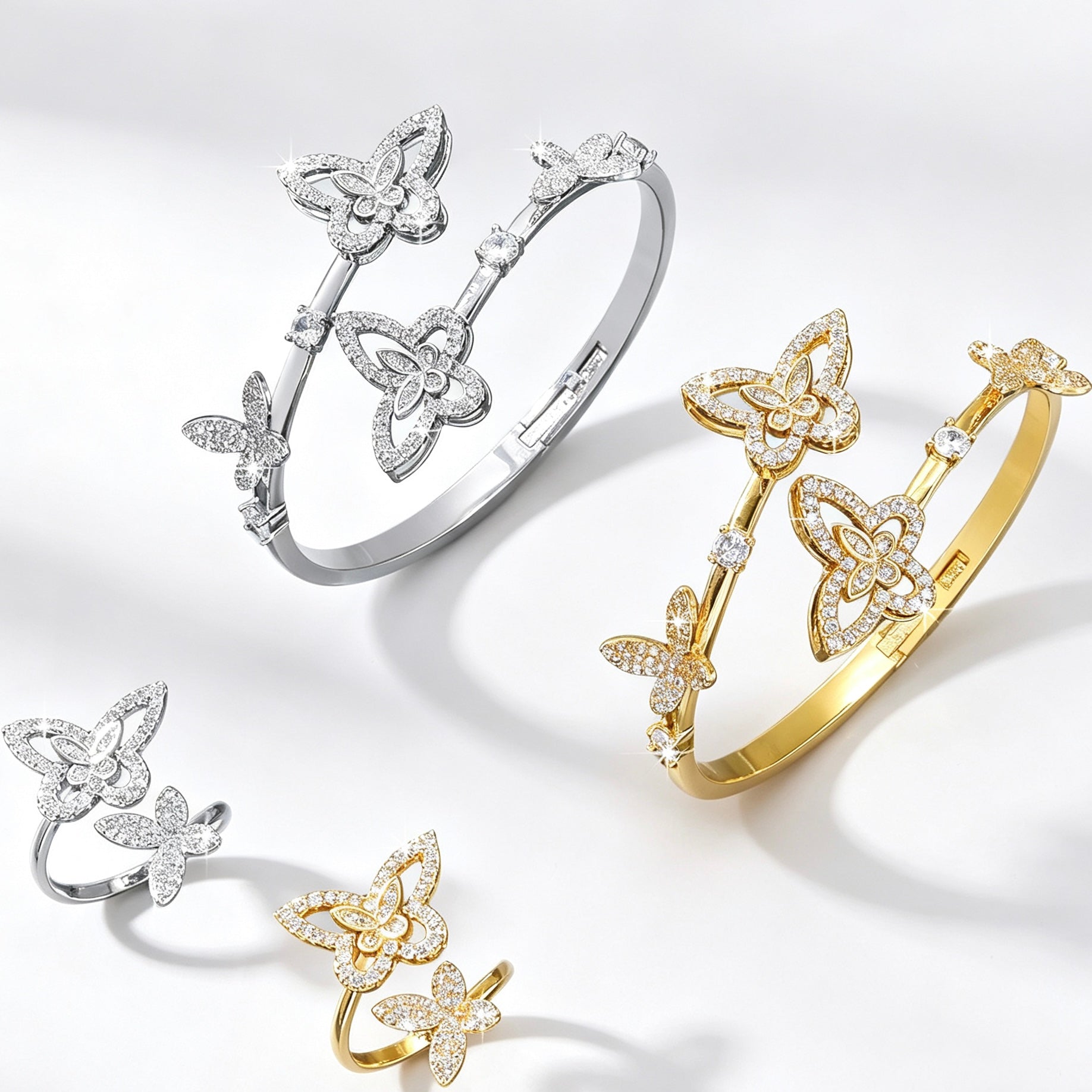 Dual Dancing Butterflies Bangle and Ring Set| Gold &Silver