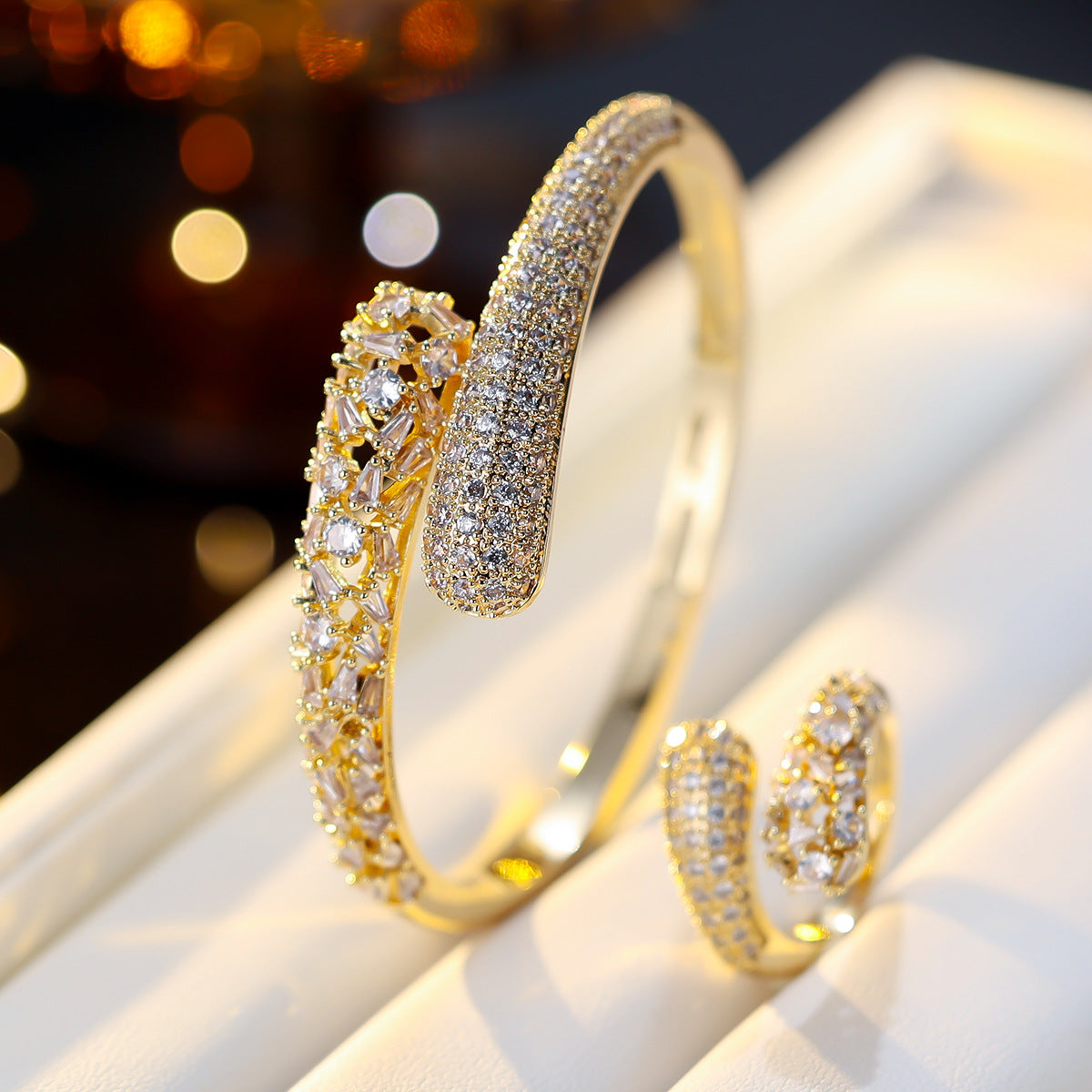 Sparkling Rows Wrap Bangle and Ring set| Gold&Silver