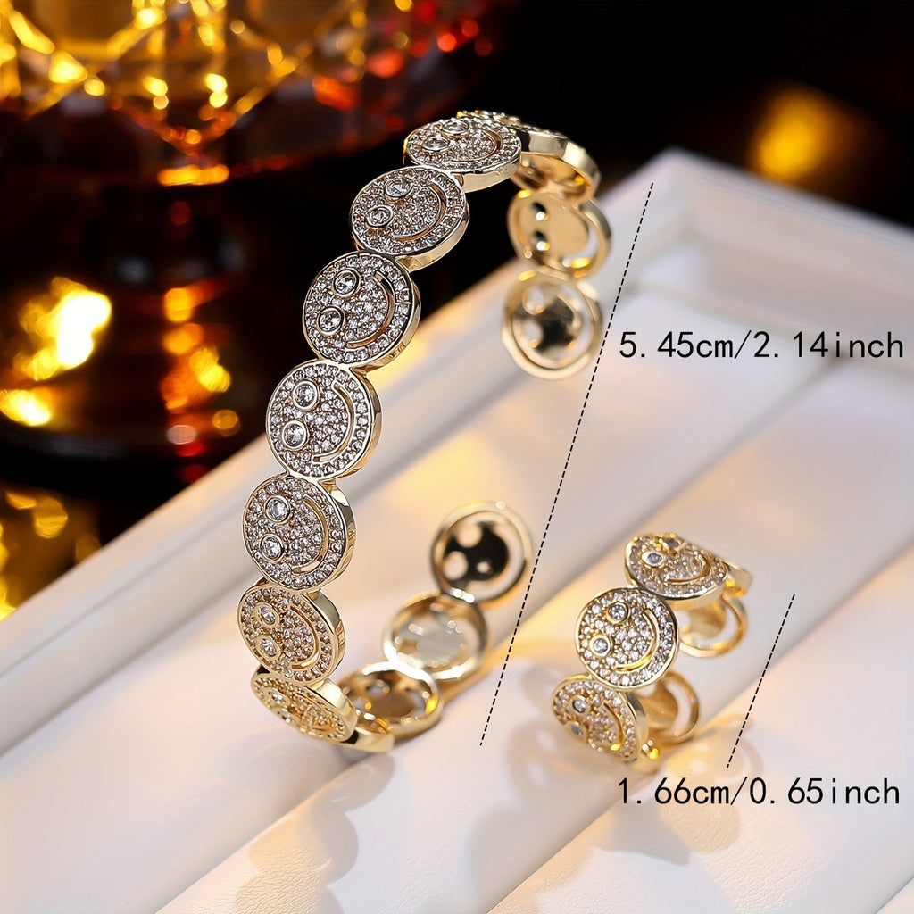 Smiley Face Pave Lab-Created Gemstone Bangle & Ring Set | Gold-Tone Jewelry